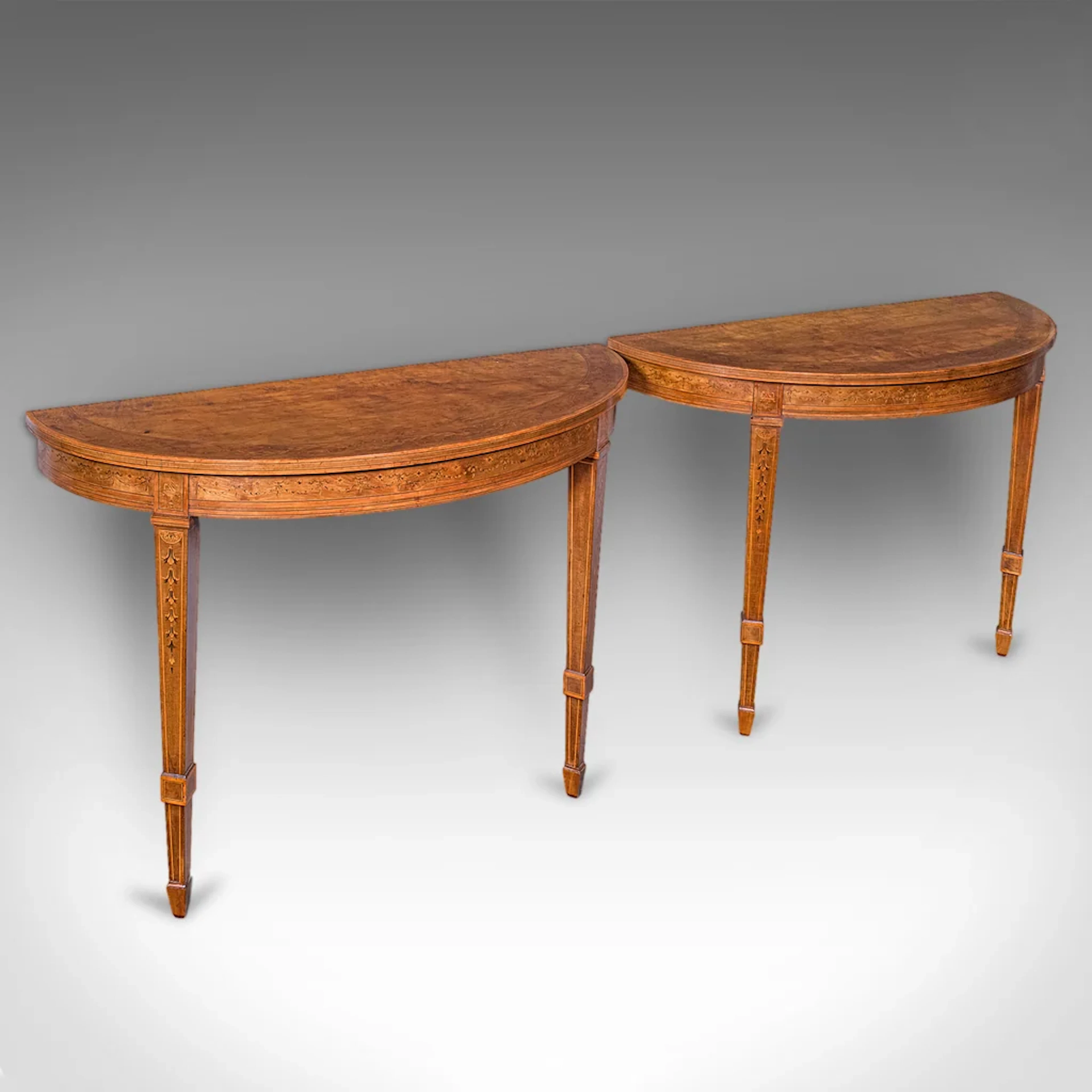 Pair of Antique Demi Lune Side Tables, English, Neoclassical, Sheraton
