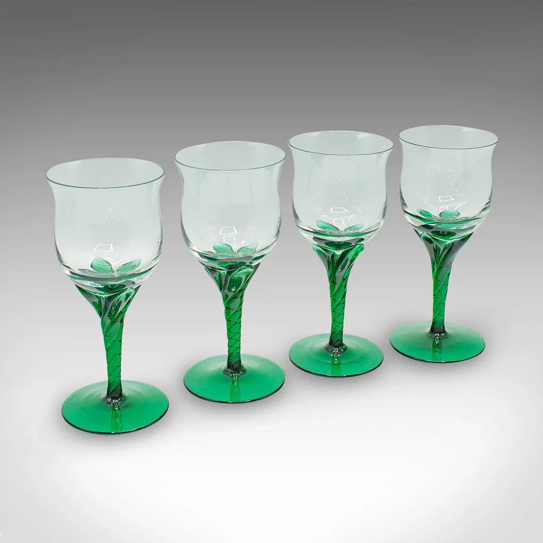 Set of 4 Vintage Aperitif Glasses, French, Blown Glass, Spirit Flutes, Art Deco