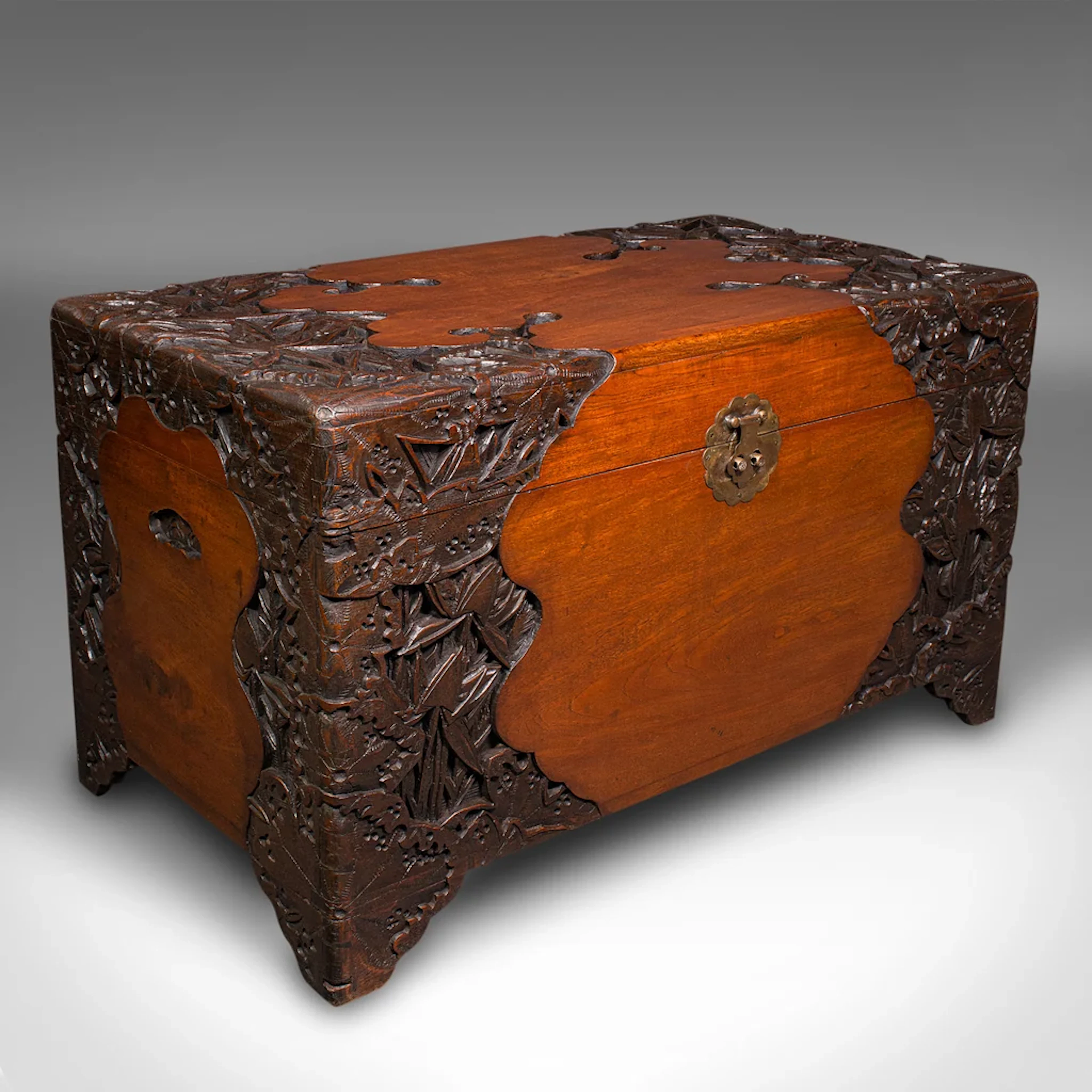Large Vintage Carved Linen Chest, Oriental, Teak, Camphor, Trunk