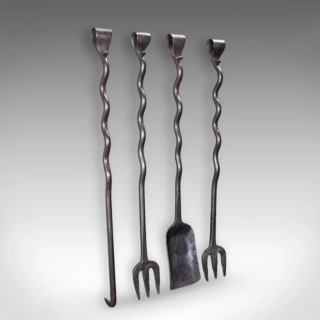 4 Antique Country House Inglenook Fire Tools, English, Companion Set, Victorian