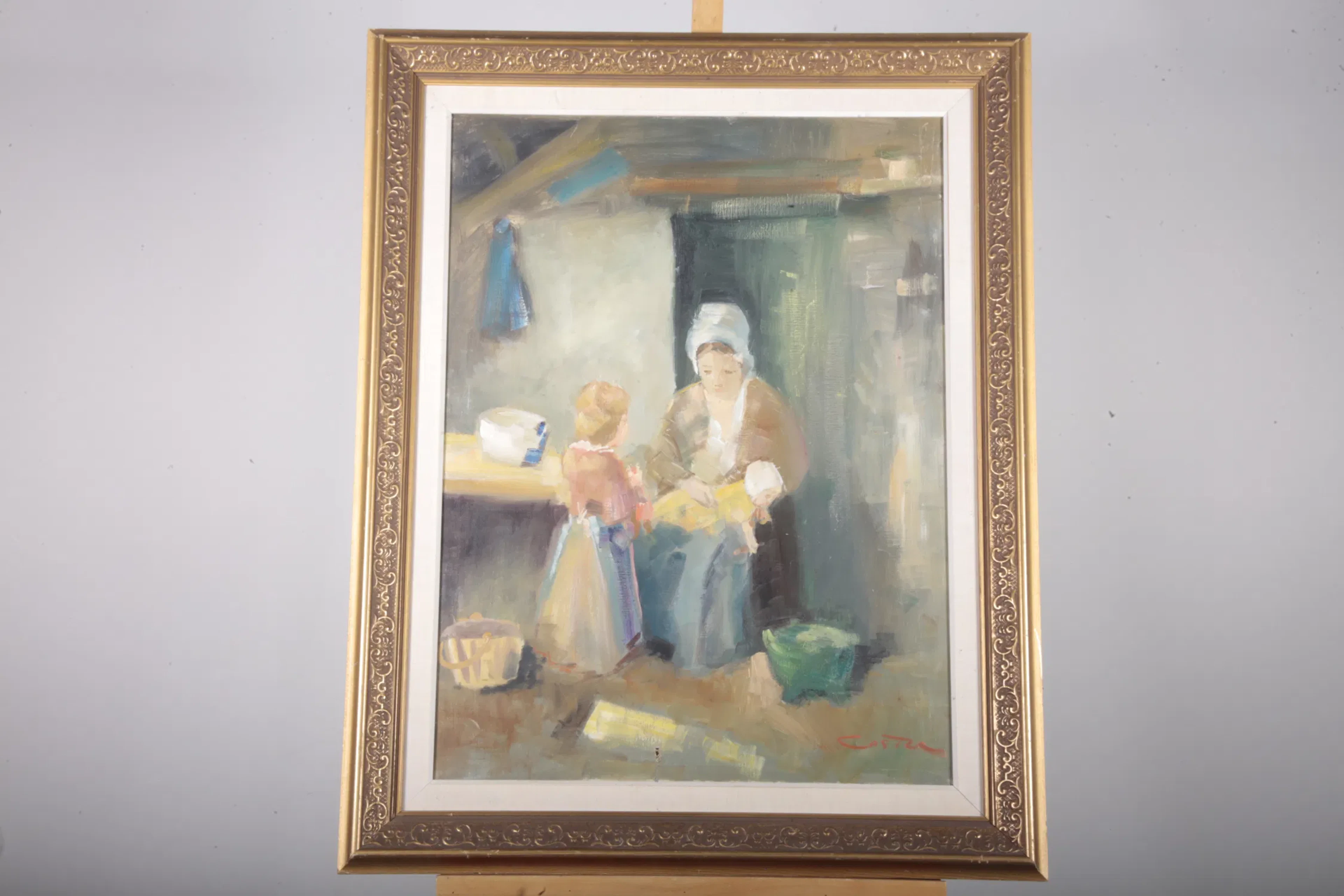 Nicolai Coster- Olja på duk "Kvinna med barn", Signerad