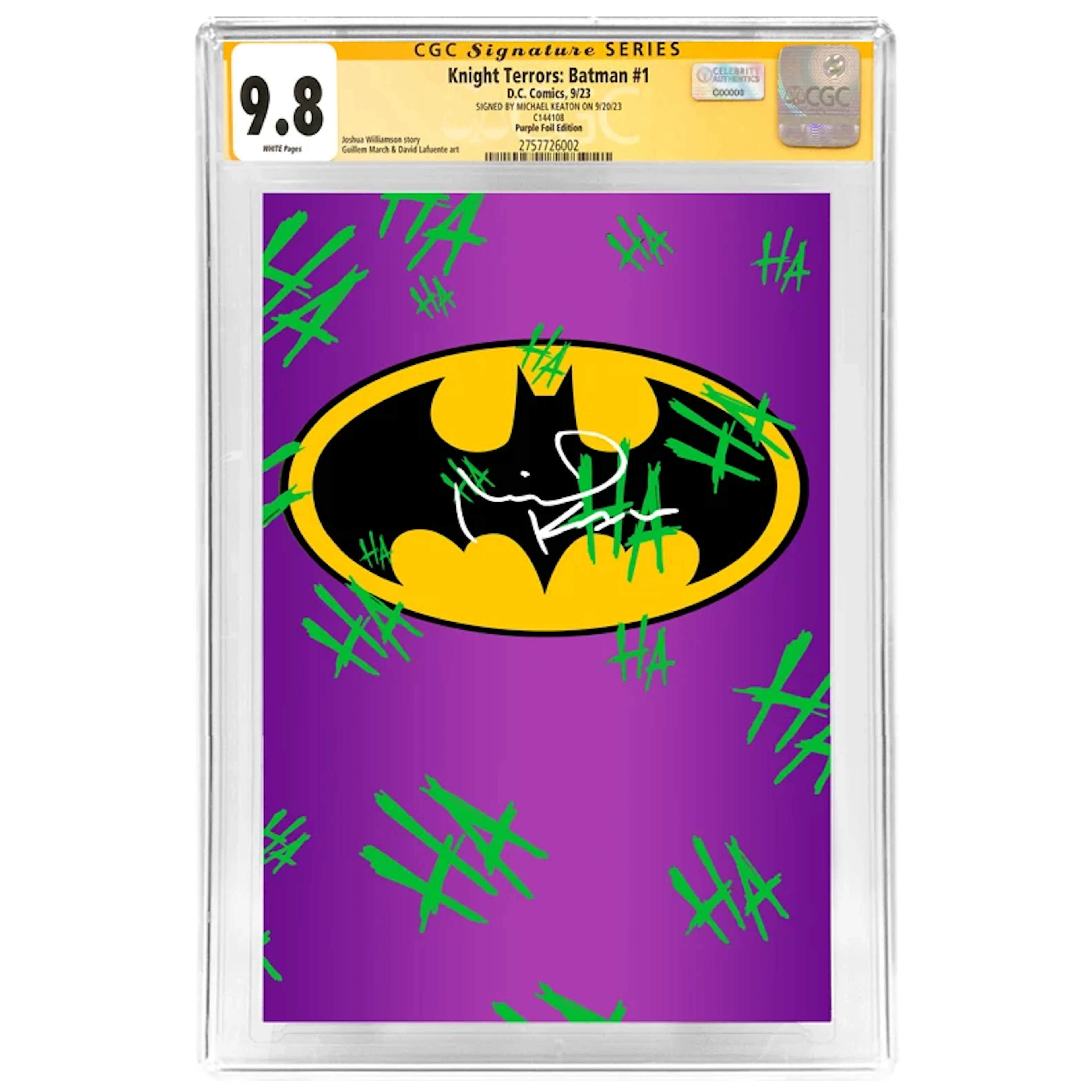 Michael Keaton Autographed 2023 Knight Terrors Batman #1 Purple Foil
