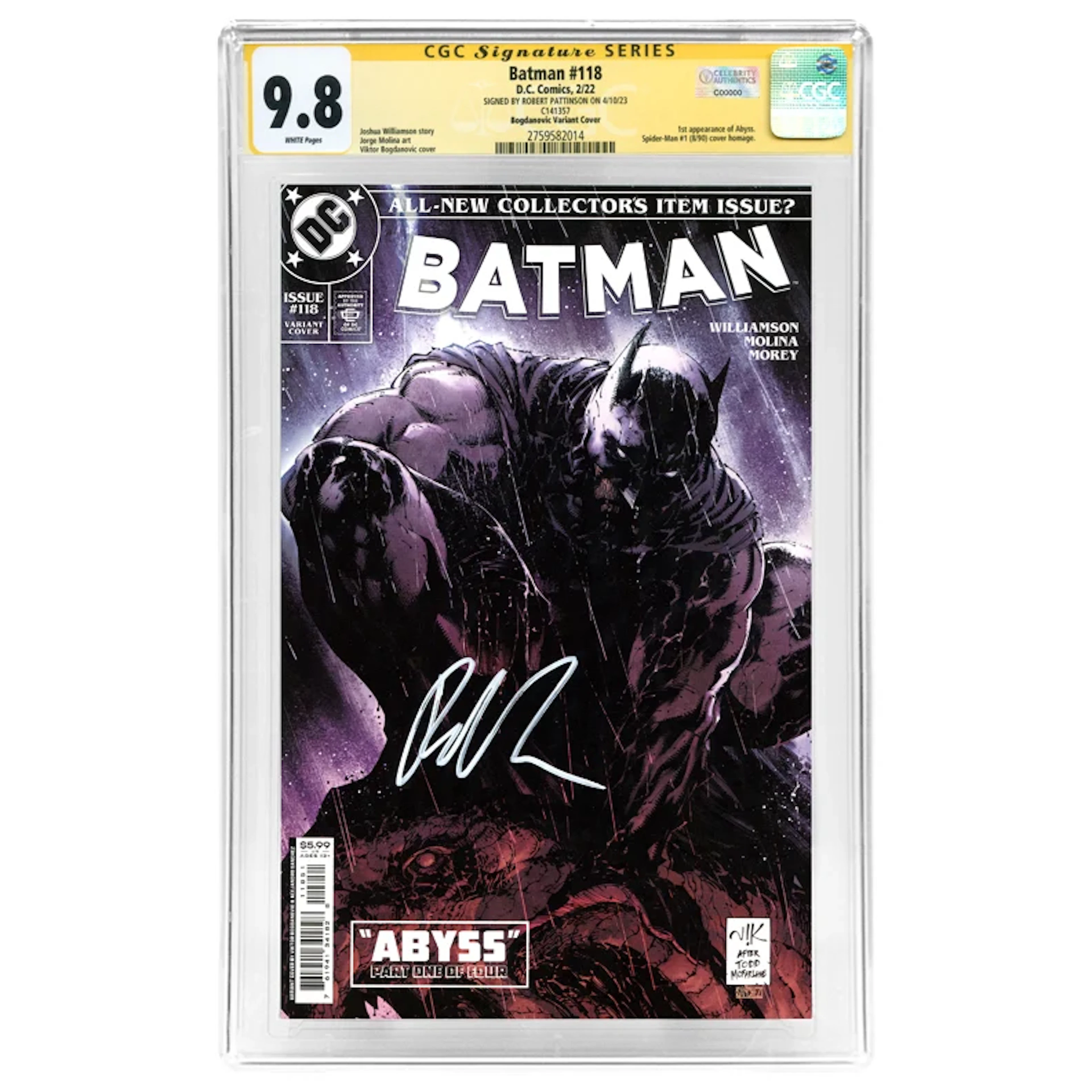 Robert Pattinson Autographed 2022 Batman #118 Viktor Bogdanovic Variant