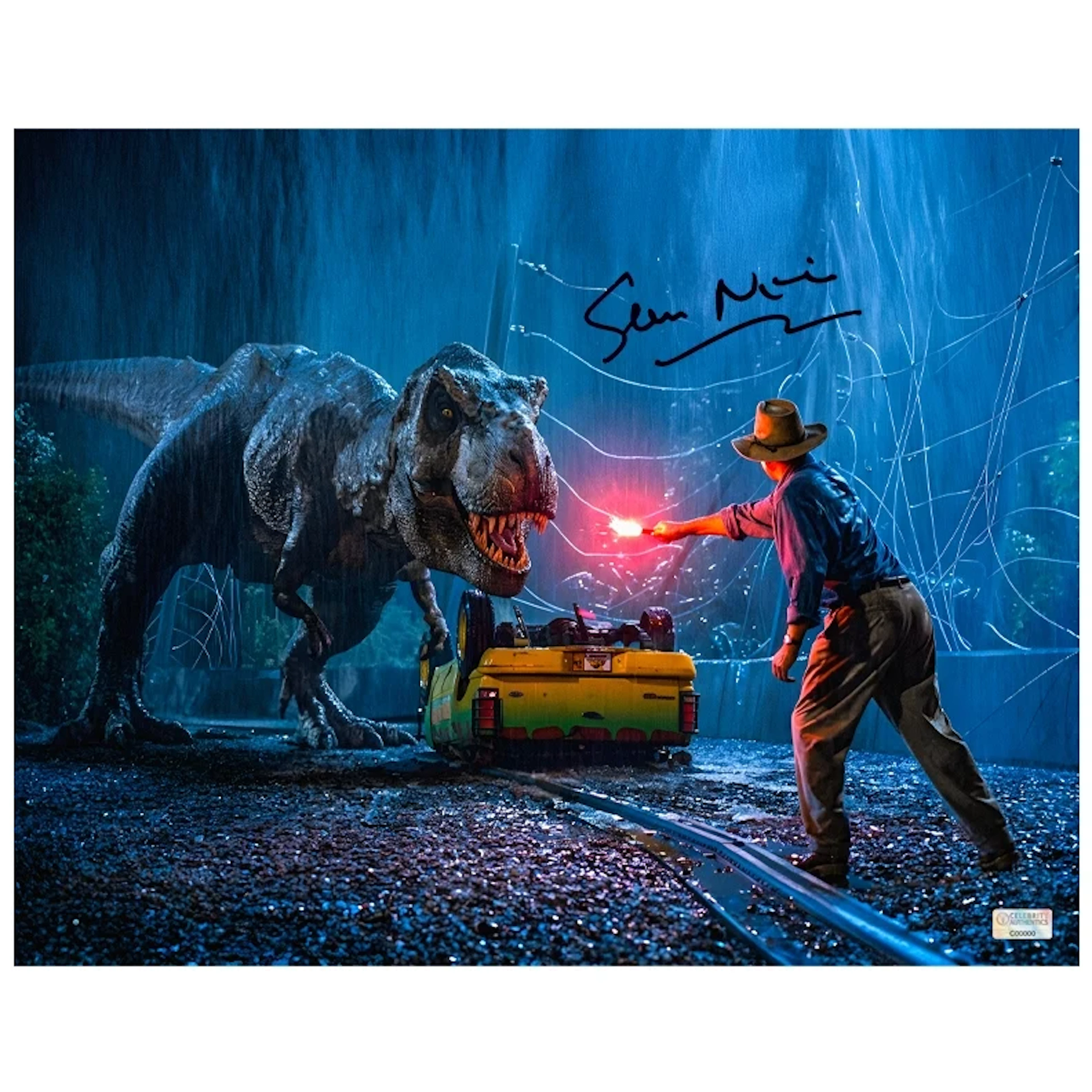 Sam Neill Autographed Classic 1993 Jurassic Park T-Rex Attack 11x14 Photo