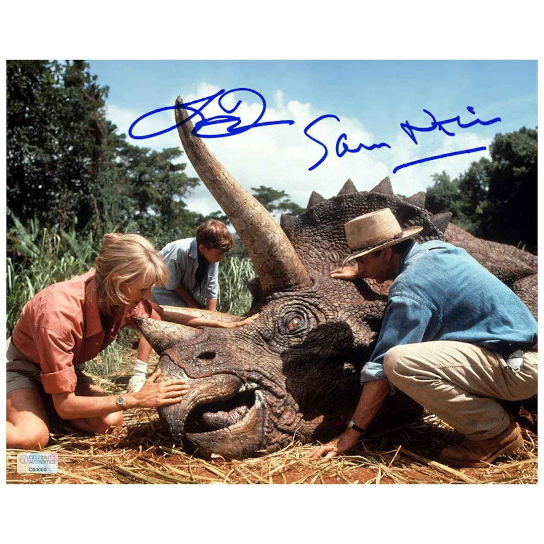 Laura Dern and Sam Neill Autographed 1993 Jurassic Park Triceratop
