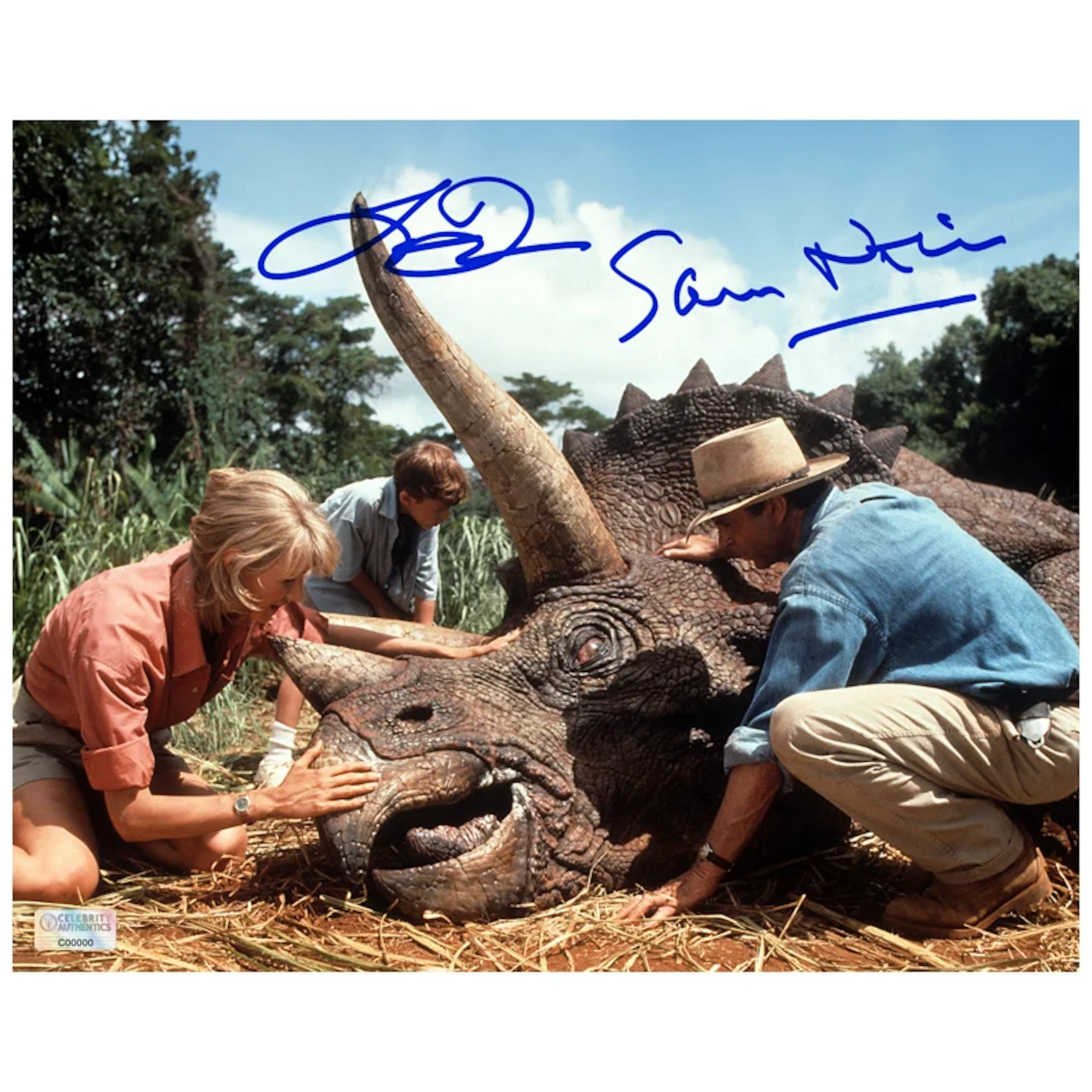 Laura Dern and Sam Neill Autographed 1993 Jurassic Park Triceratop
