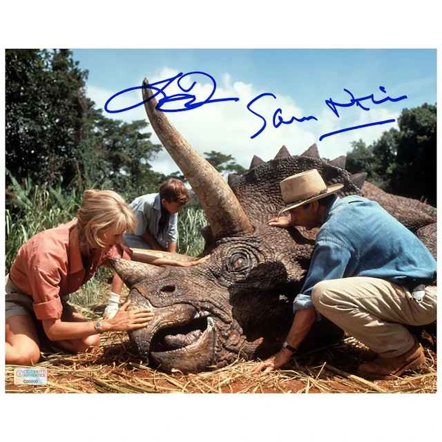 Laura Dern and Sam Neill Autographed 1993 Jurassic Park Triceratop