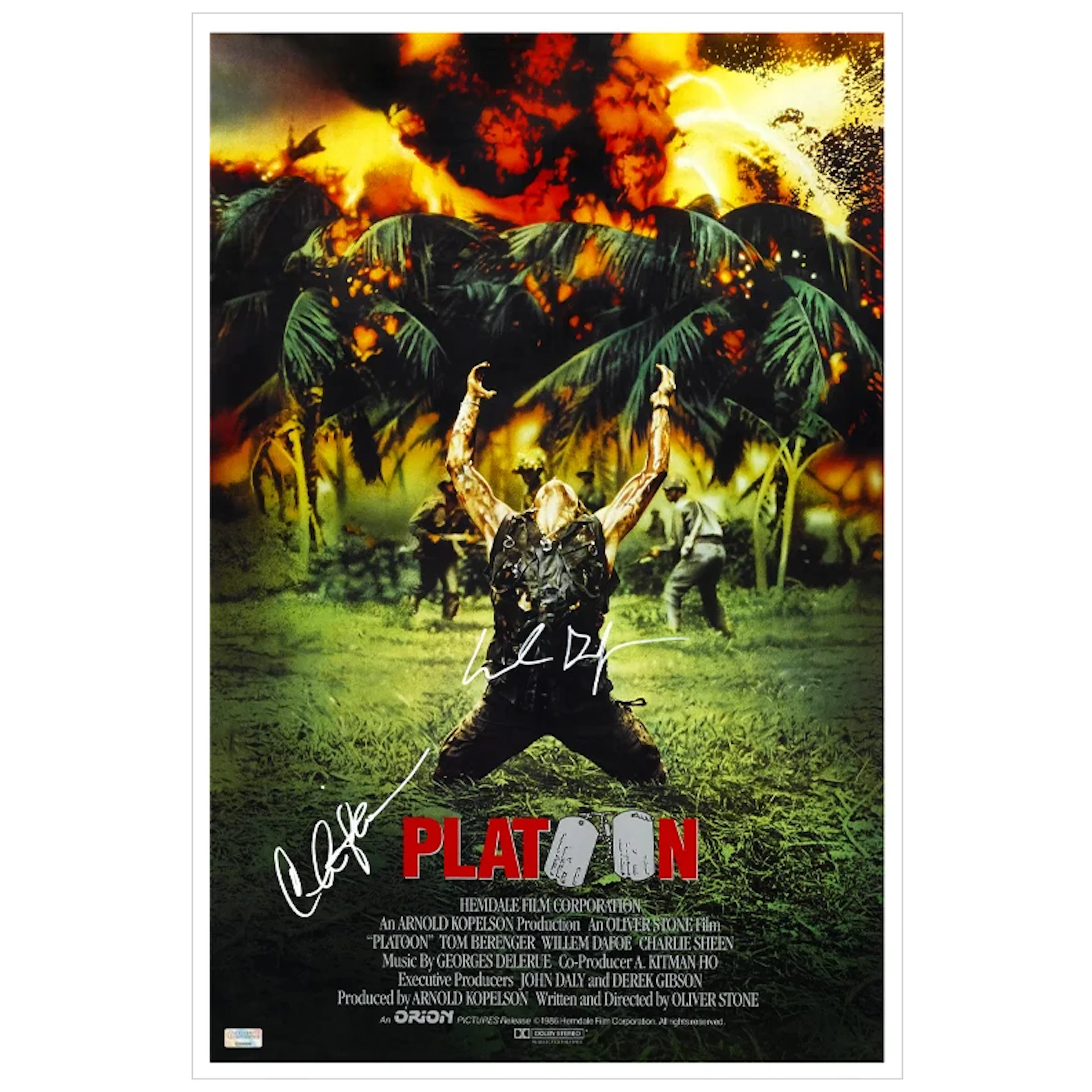 Willem Dafoe, Charlie Sheen Autographed 1986 Platoon 16x24 Movie Poster