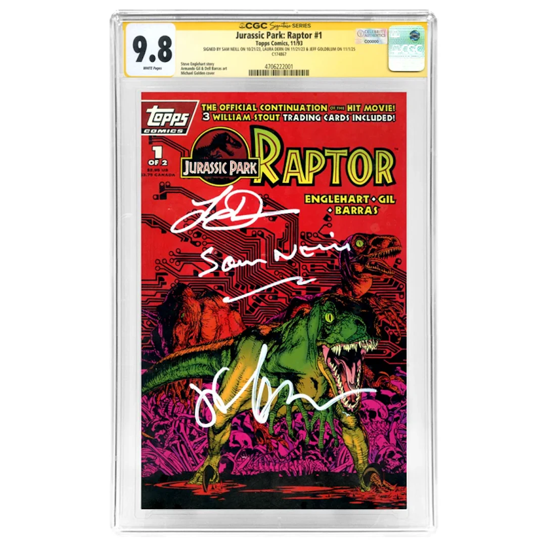 Sam Neill, Laura Dern, Jeff Goldblum Autographed Topps 1983 Jurassic