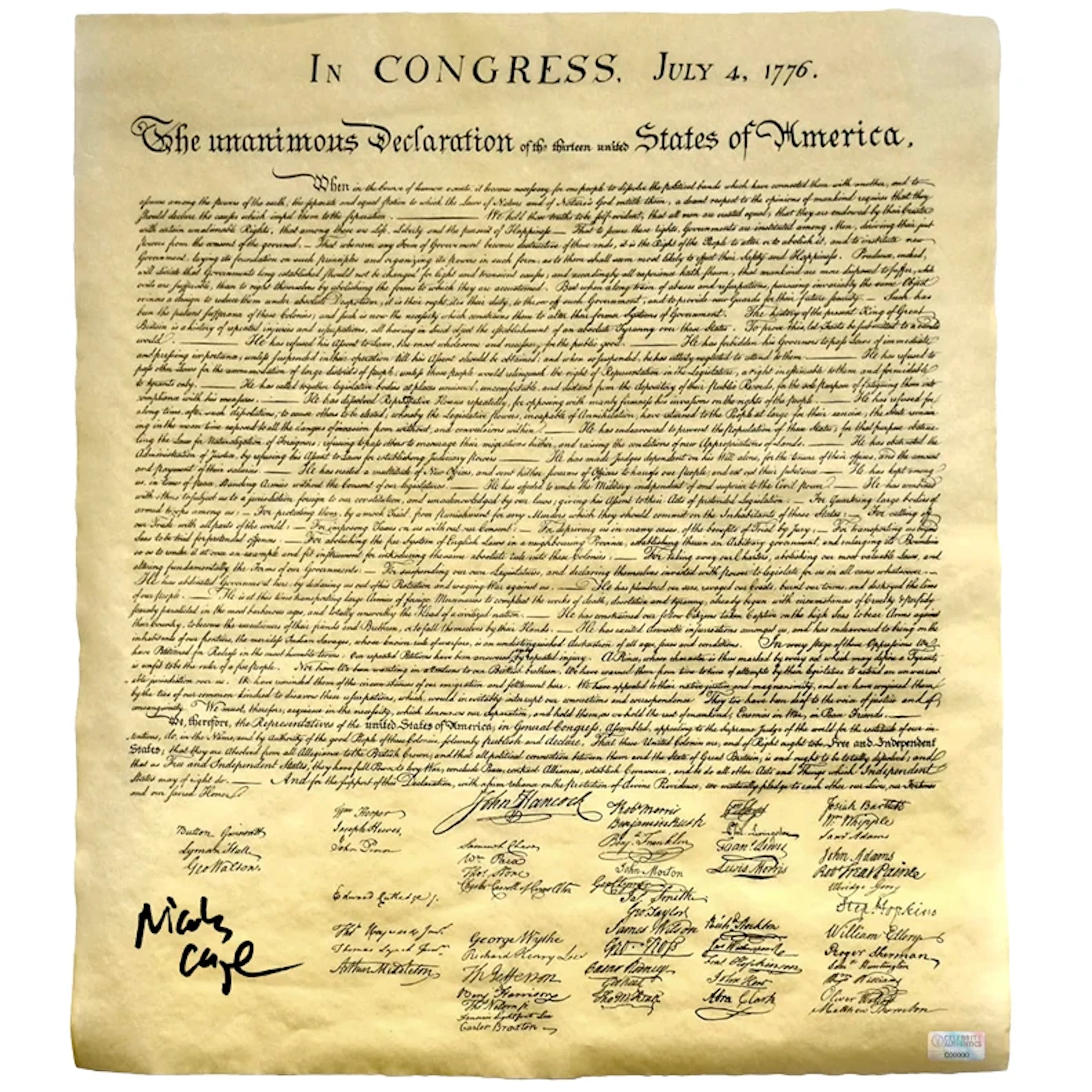Nicolas Cage Autographed National Treasure Declaration of Independence