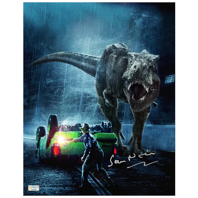 Sam Neill Autographed 1993 Jurassic Park T-Rex Diversion 11x14 Photo