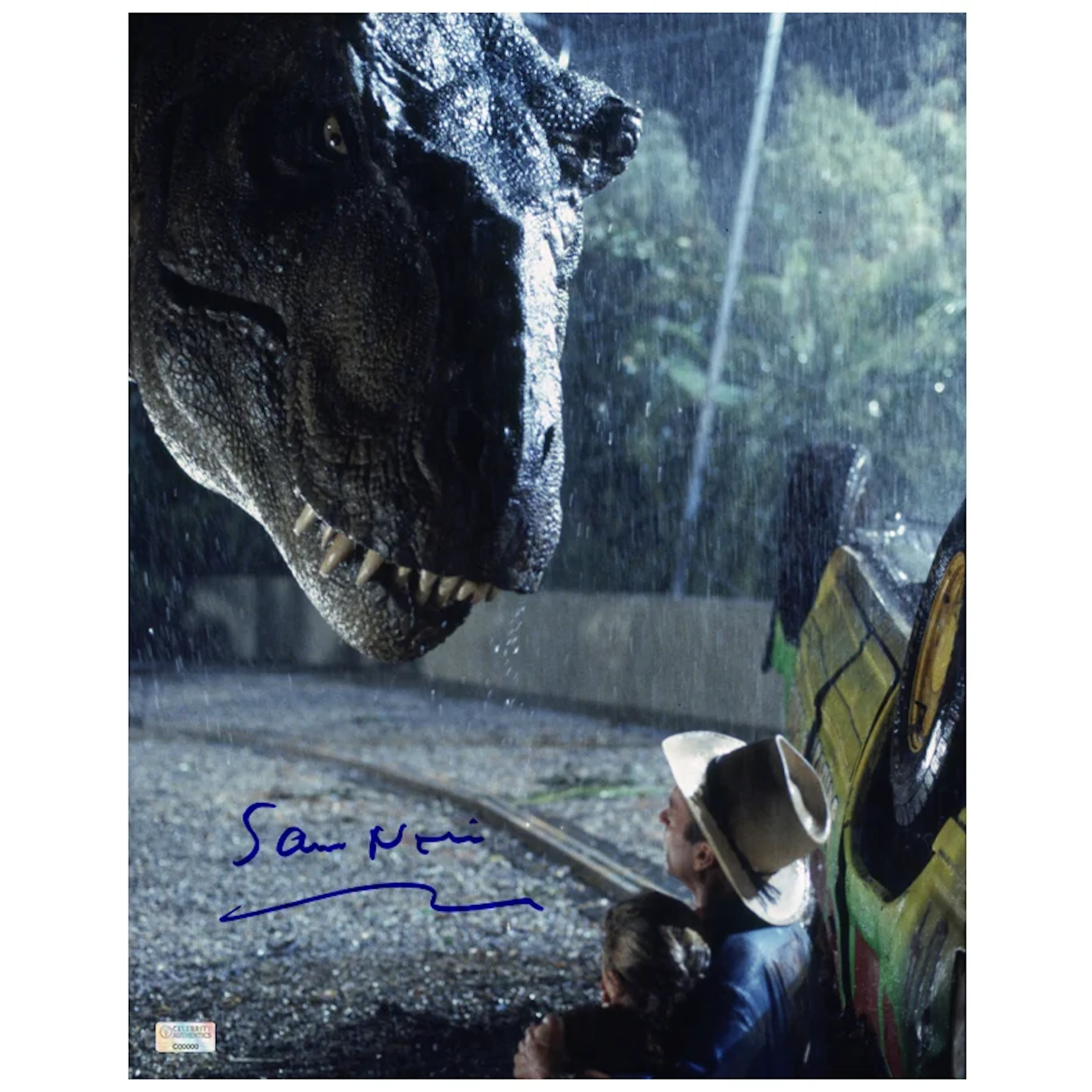 Sam Neill Autographed 1993 Jurassic Park T-Rex Scene 11x14 Photo
