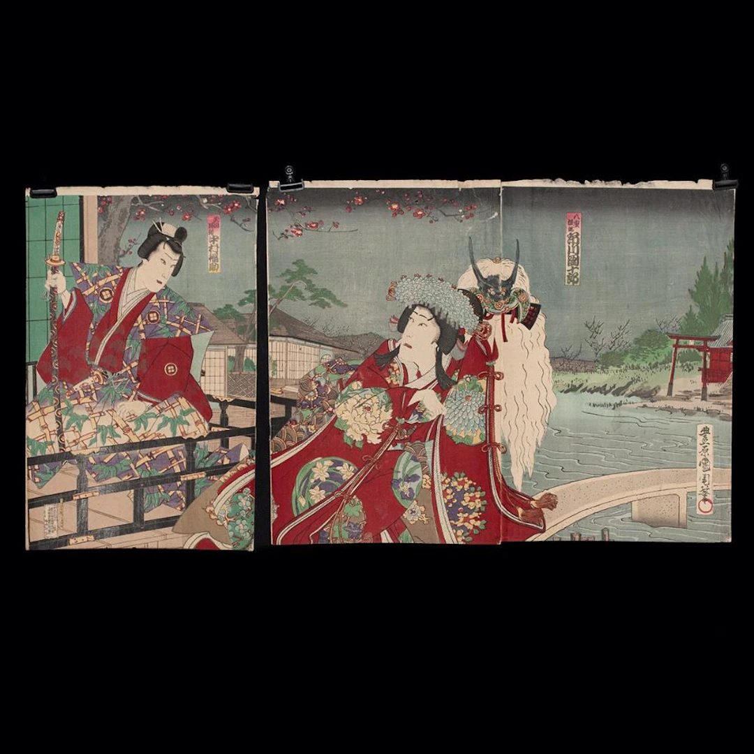 19th C. Toyohara Kunichika Woodblock Triptych - Yaegaki & Katsuyori