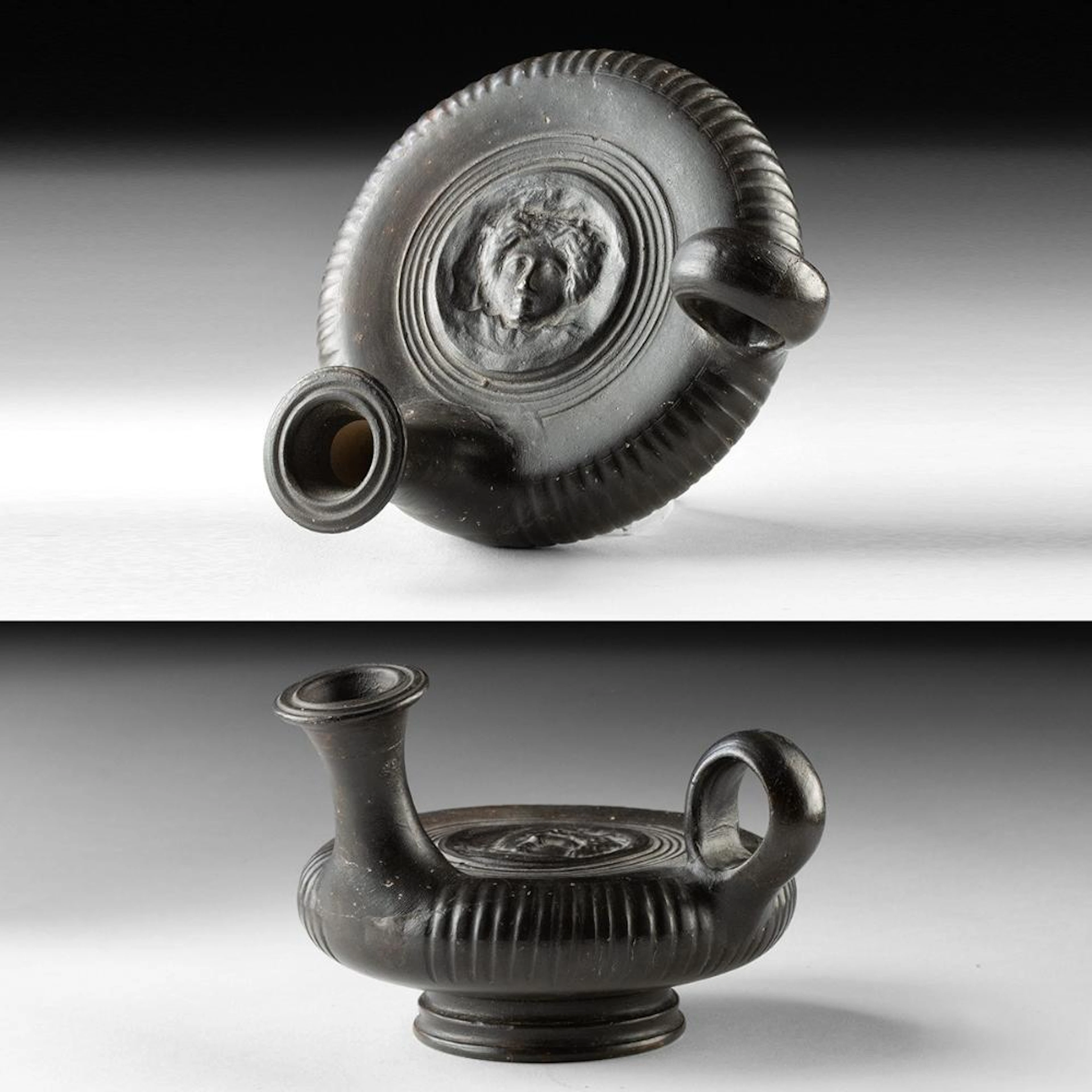 Calene Ware Black-Glazed Guttus w/ Gorgoneion Tondo