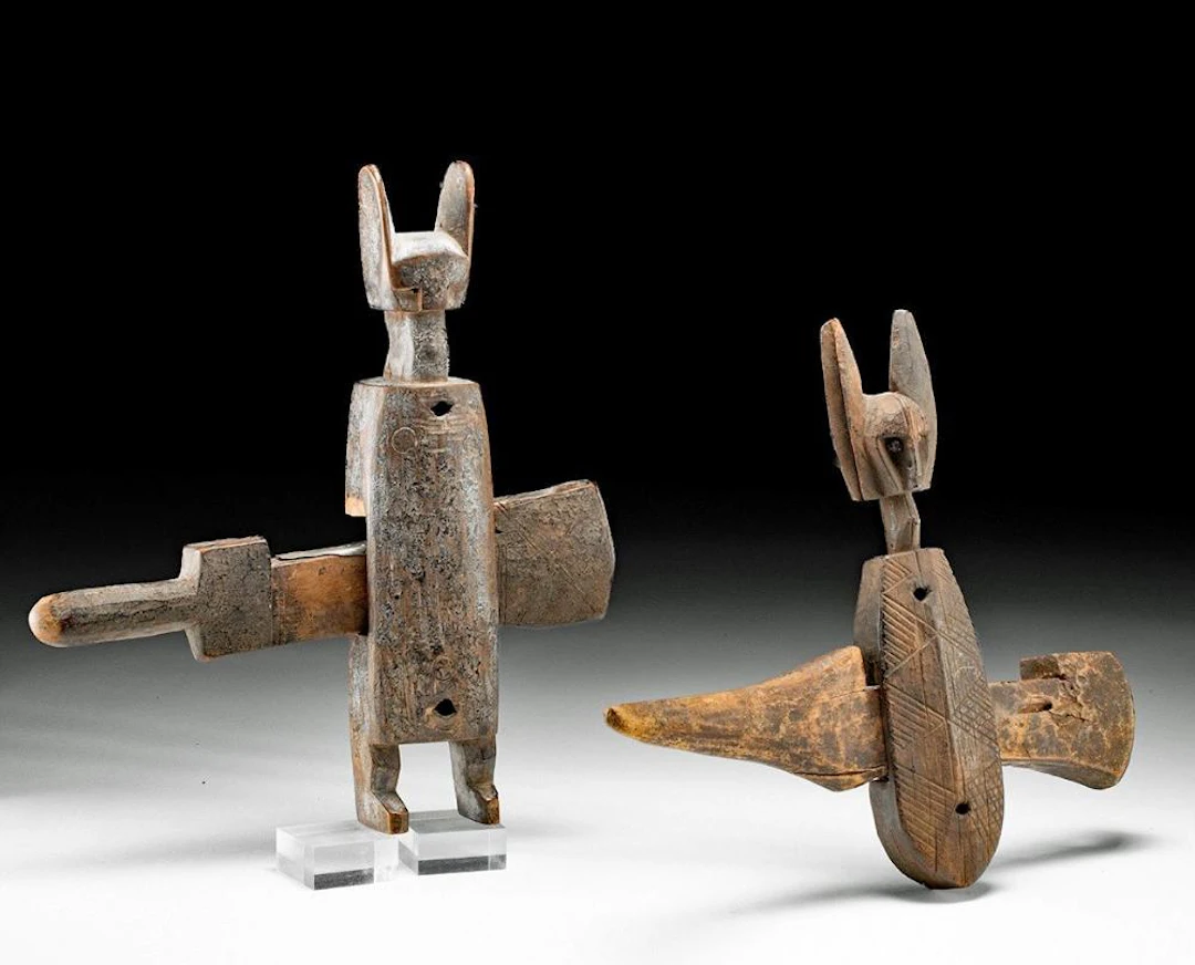 2 Dogon Figural Granary Locks | Horned Heads, Iron-Reinforced Bolt Slot, Mali