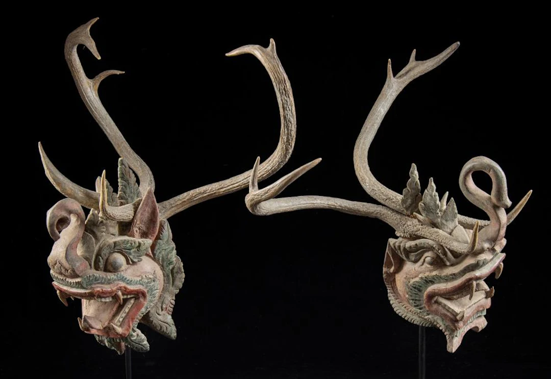 Burmese Pyinsarupa Guardian Heads, Pair, with Antlers