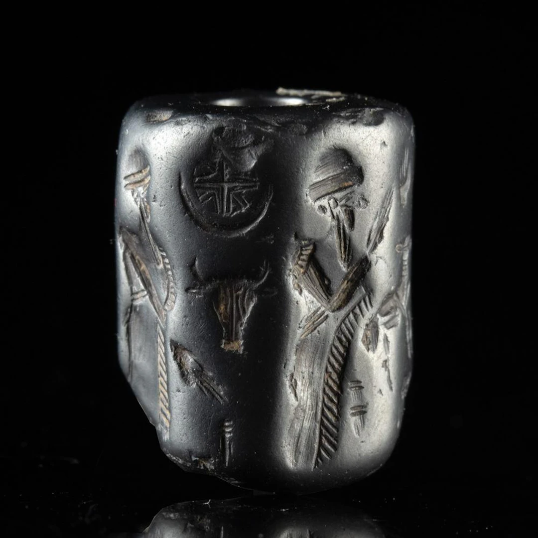 Cypriot Hematite Cylinder Seal Bead, Fire Altar, Bird-Headed Deity