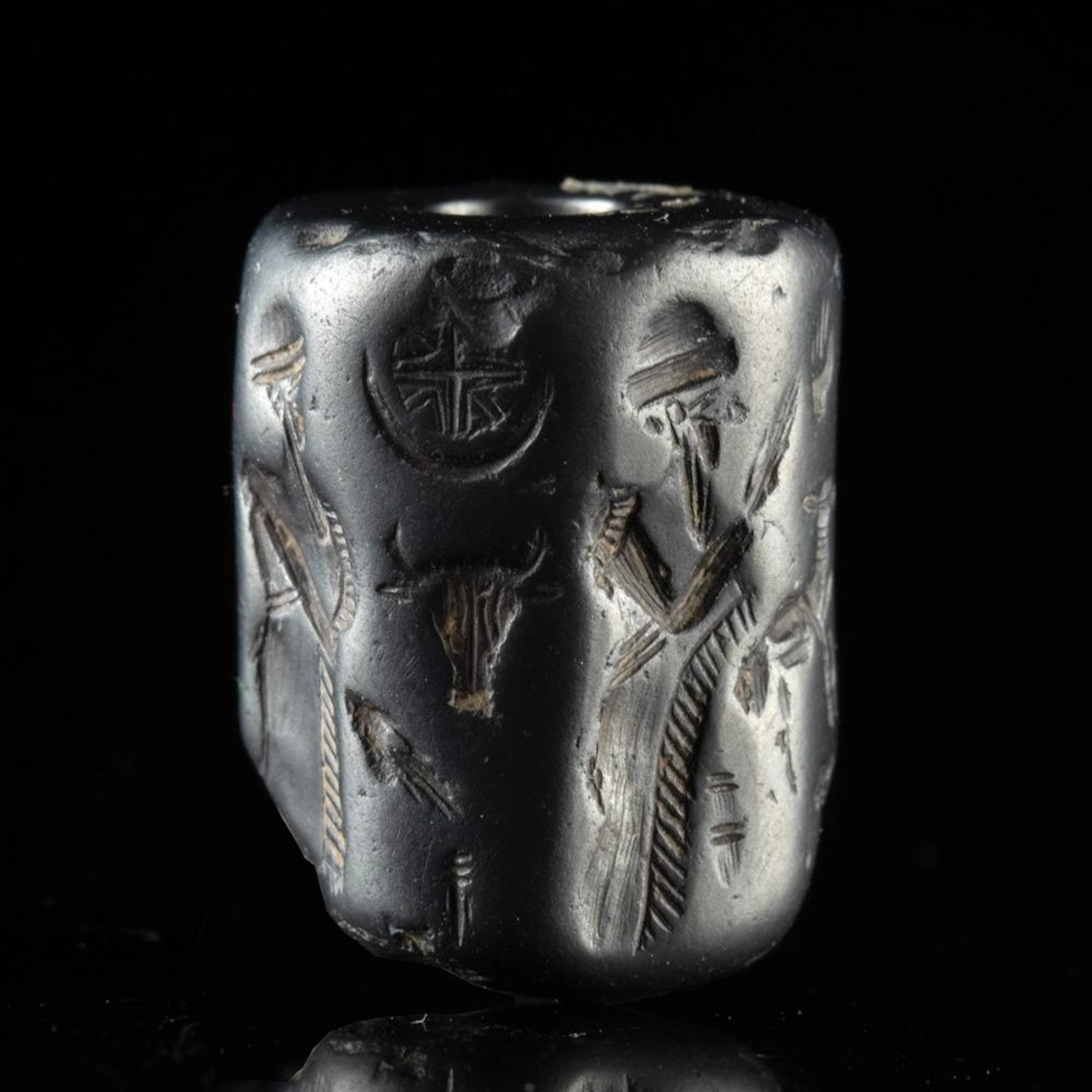 Cypriot Hematite Cylinder Seal Bead, Fire Altar, Bird-Headed Deity