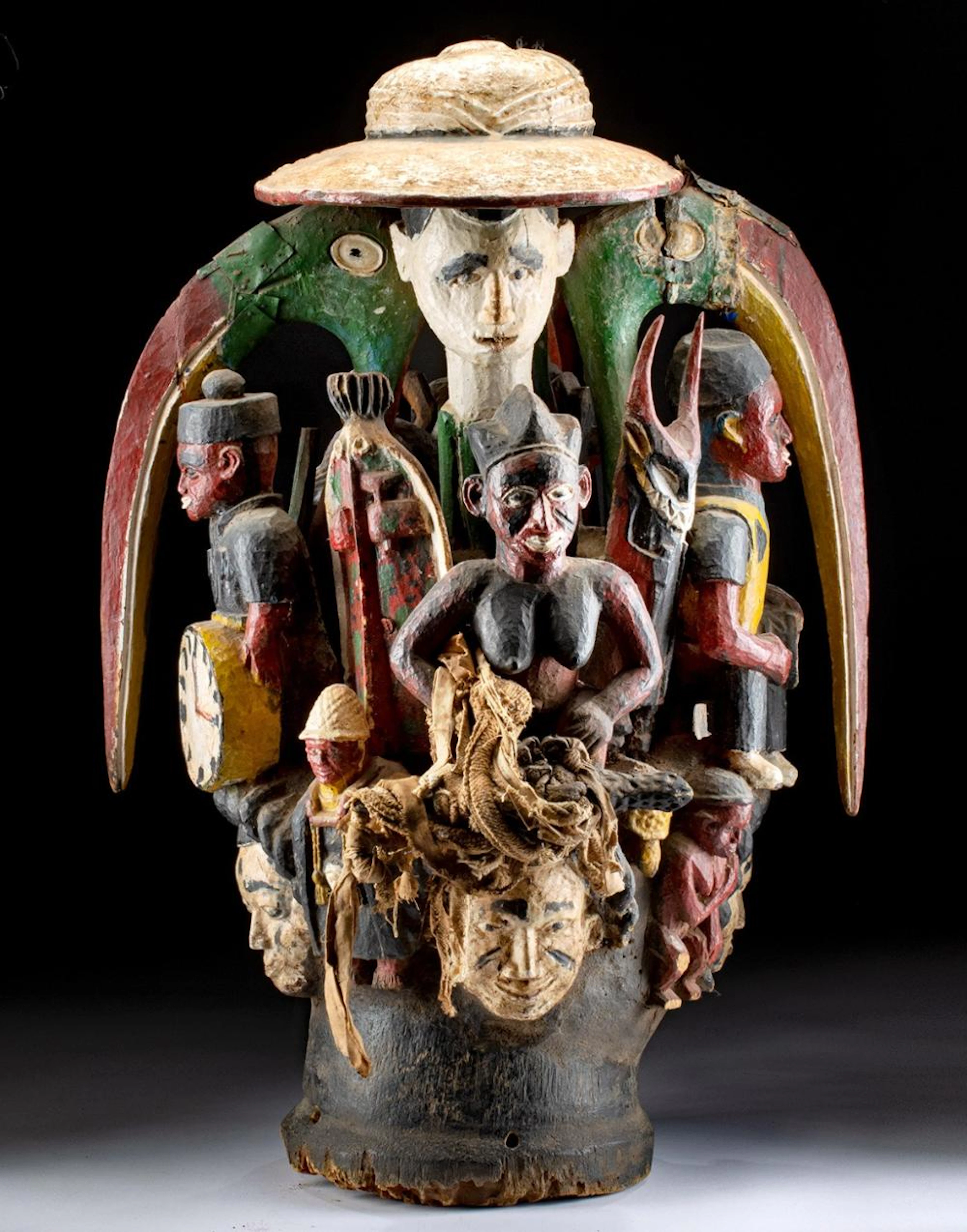 Igbo Colonial Headdress Mask, Hornbills and Colonist Figure, Nigeria