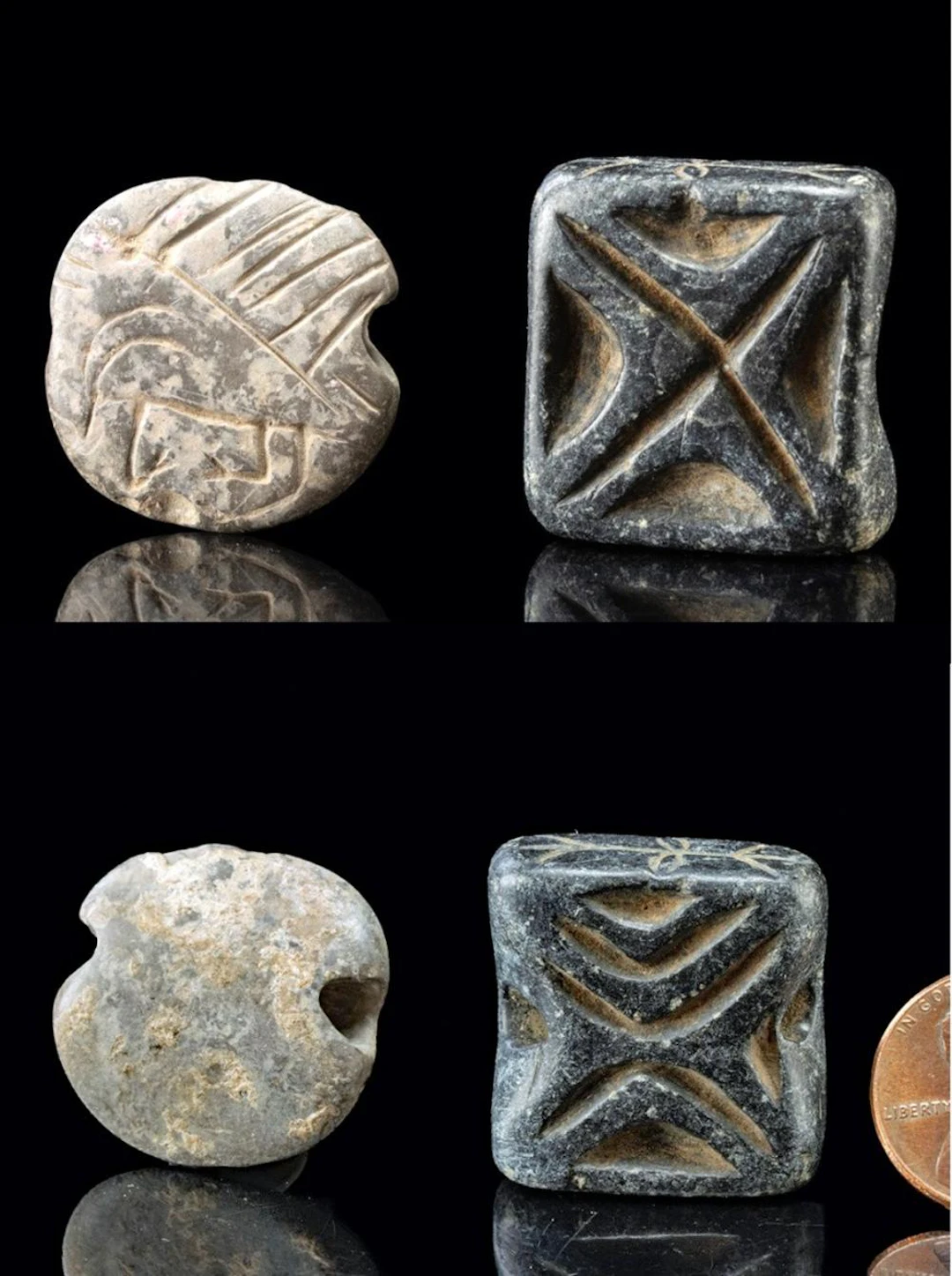 Two Mesopotamian Stone Stamp Seals | Cross Motif Steatite + Winged