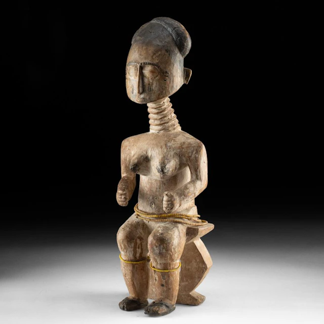 African Fante Wood Figure - Seated Queen Mother with Bead Strands