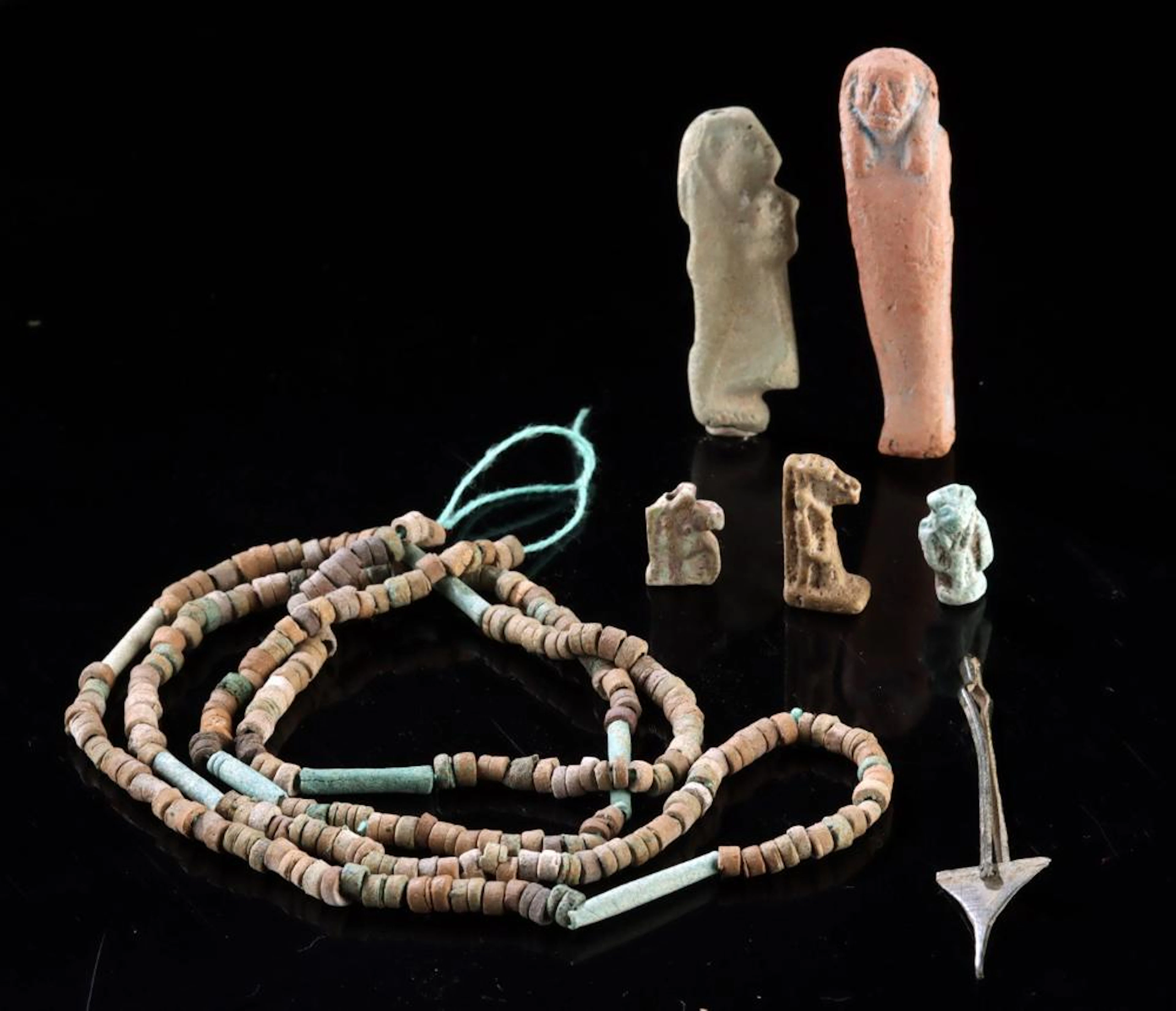Egyptian Faience Necklace w/ 5 Amulets & Roman Tool