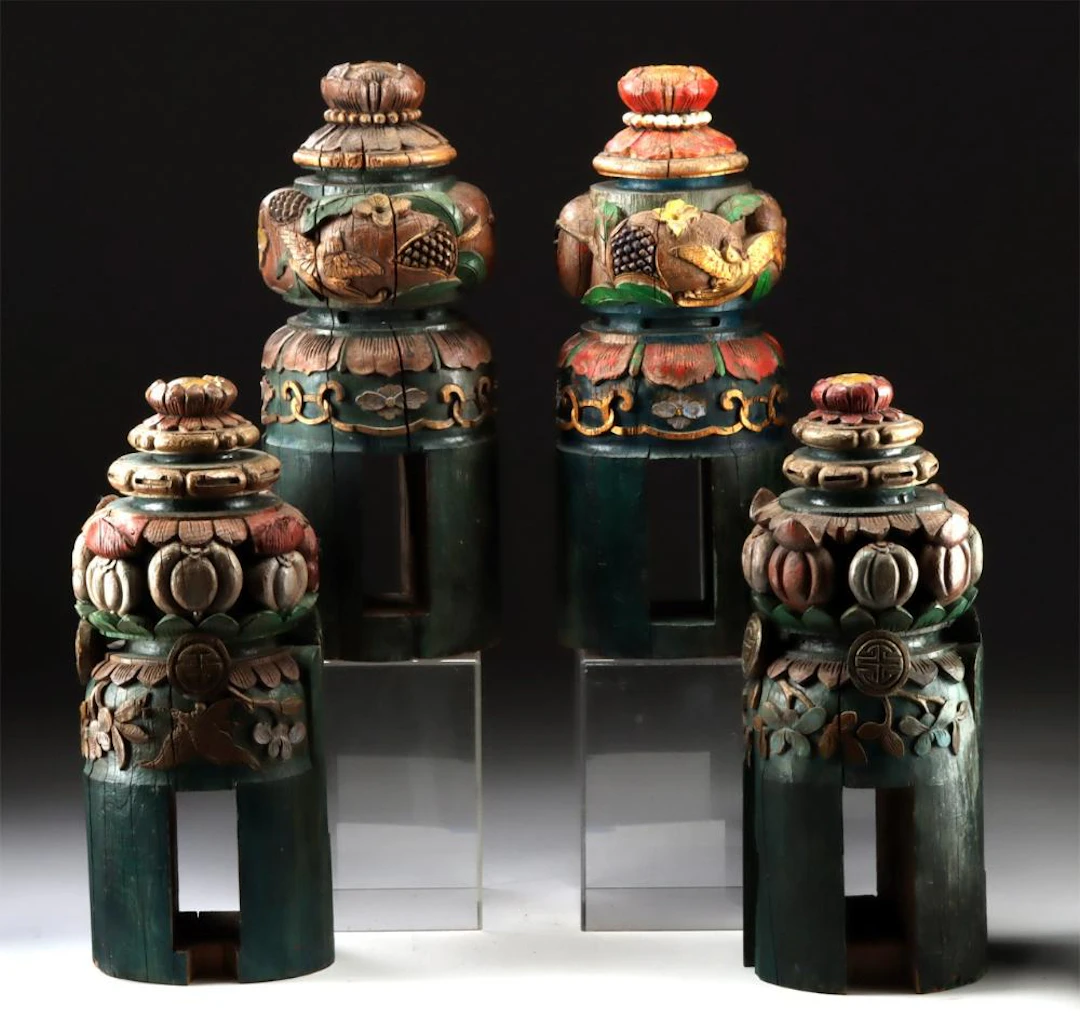 4 Chinese Polychrome Wooden Architectural Posts