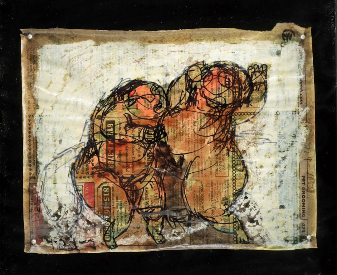 Yang Yang Mixed Media Painting on Newsprint, Two Abstract Figures