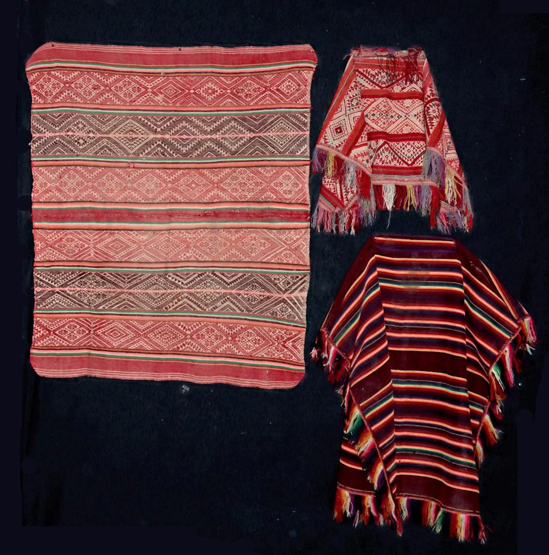 Three Peruvian Wool Ponchos & Aguayo Textiles