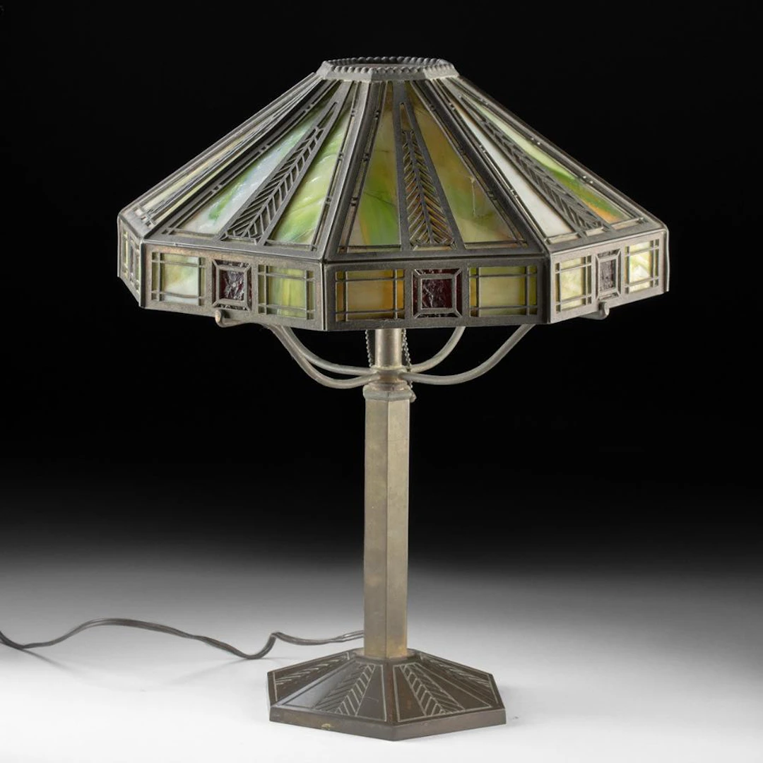 Antique Arts & Crafts Slag Glass Lamp - Bradley & Hubbard