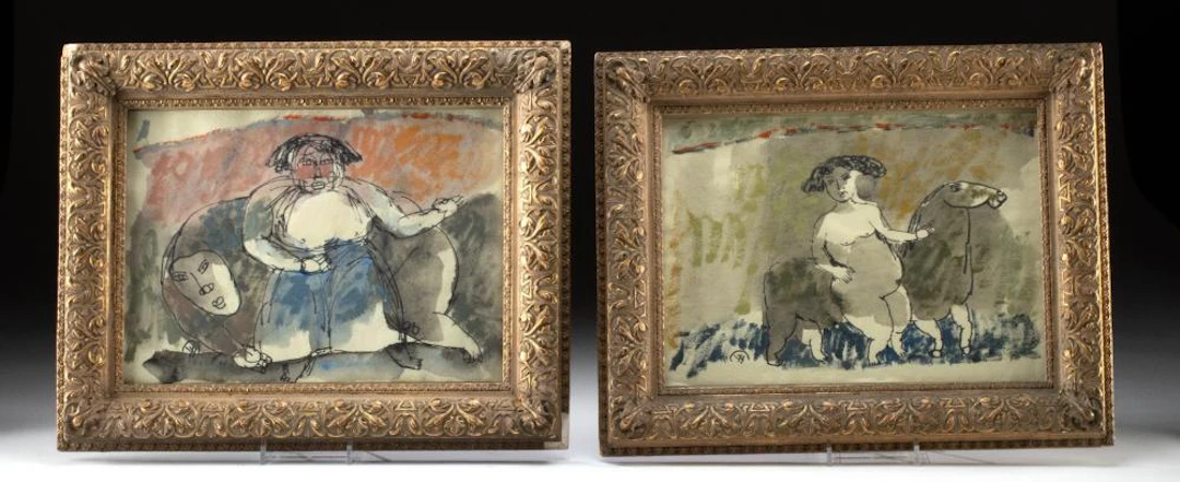Yang Yang Mixed Media Works on Paper | Female Nude w/ Horse + Reclining Figure