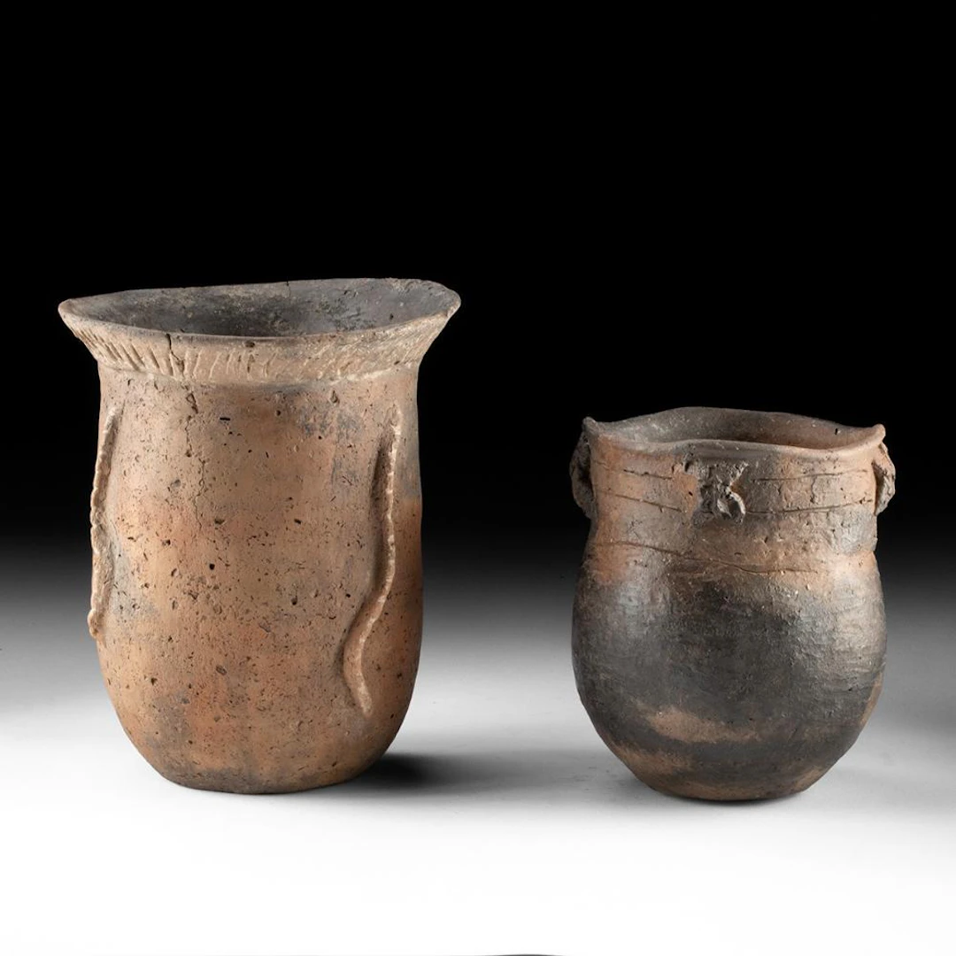 Caddo Pottery Vessels - Two Jars w/ Applied Ridges