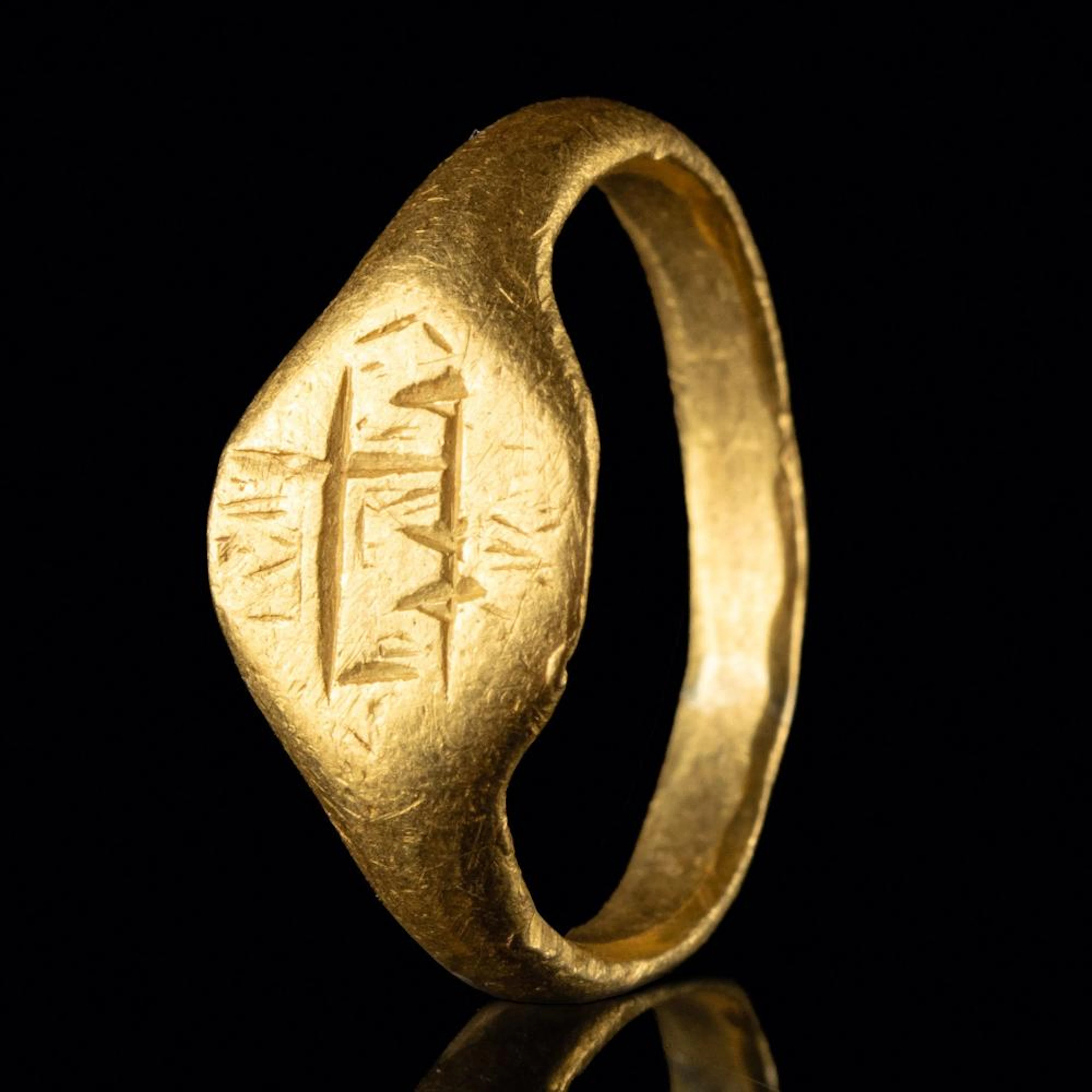 Byzantine 23K Gold Ring | Engraved Cross or Monogram Bezel