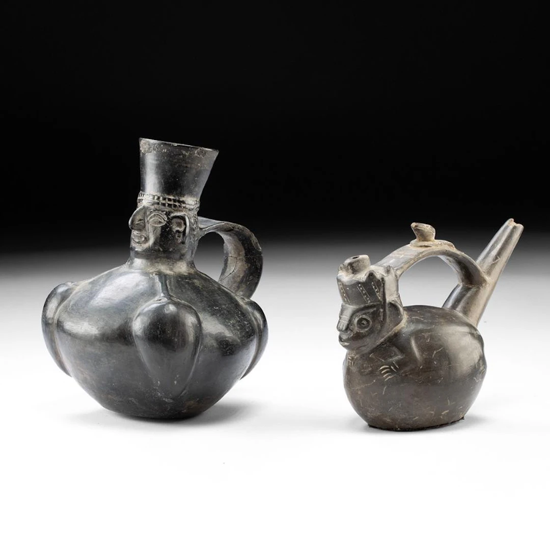 Chimu Blackware Vessels - Lord Effigy & Monkey Stirrup-Spout