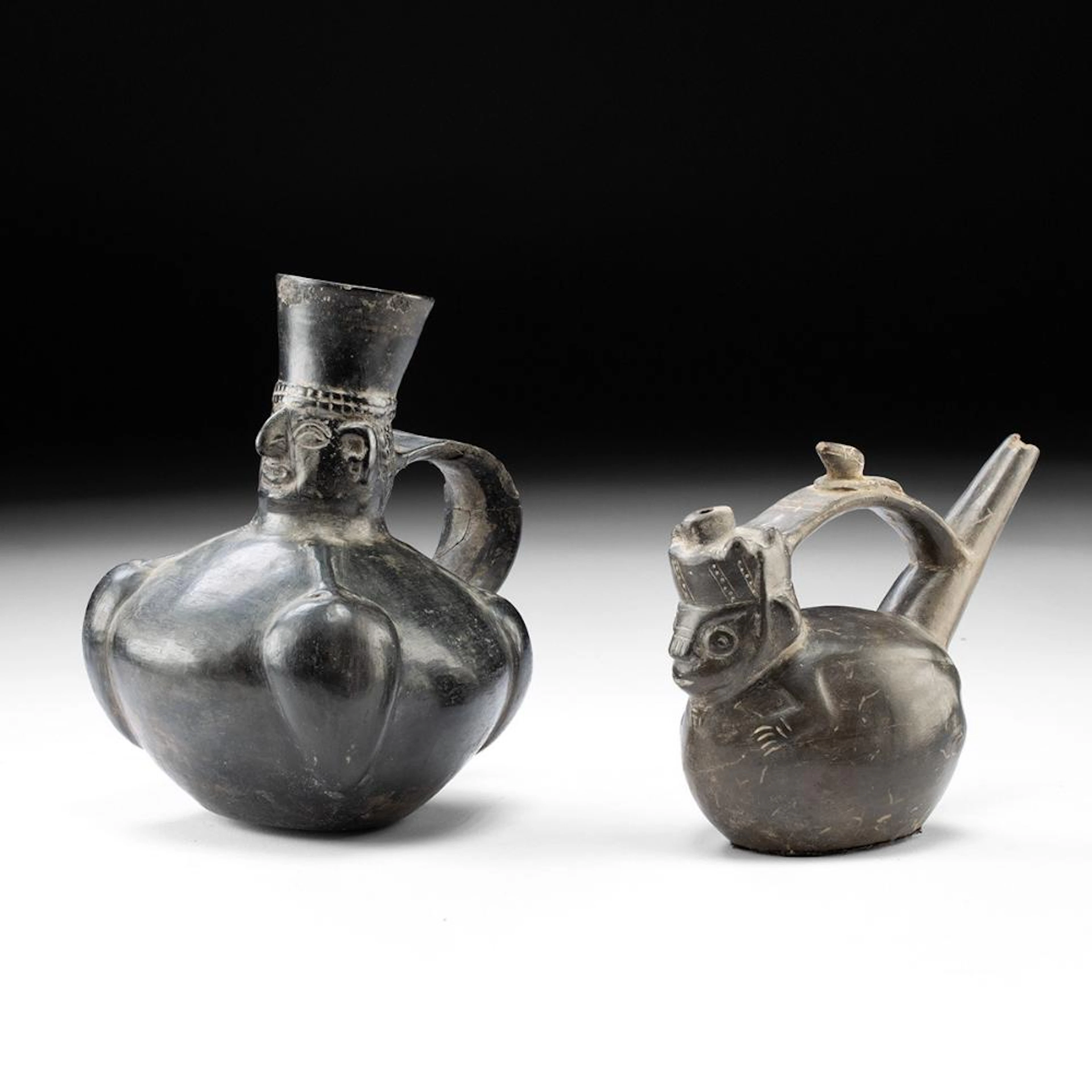 Chimu Blackware Vessels - Lord Effigy & Monkey Stirrup-Spout