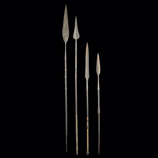 Ngbandi Forged Iron Prestige Spears with Copper and Brass Wire, Set of Four