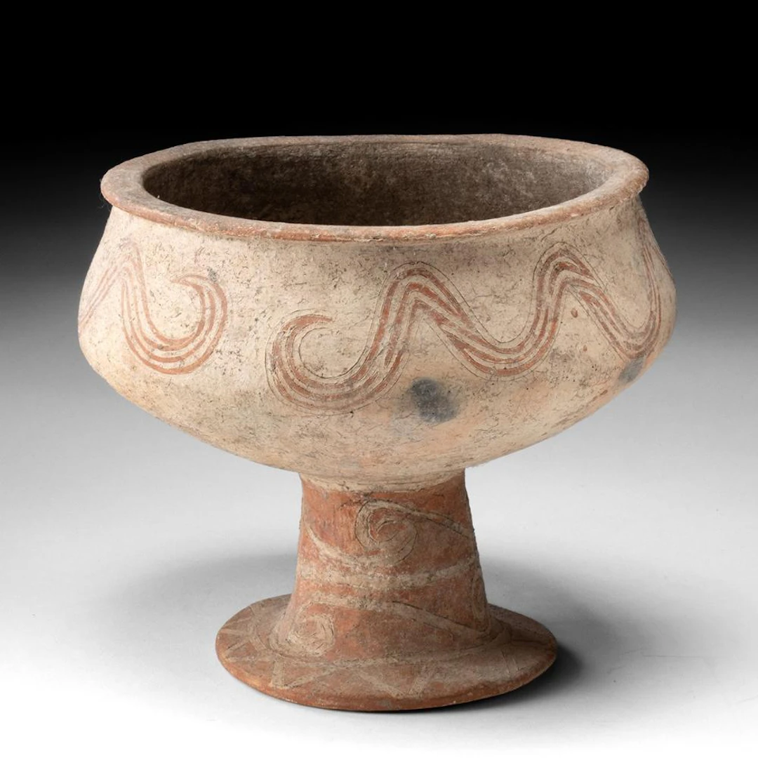 Thai Ban Chiang Red-on-Buff Pedestal Bowl | Wave and Spiral Motifs