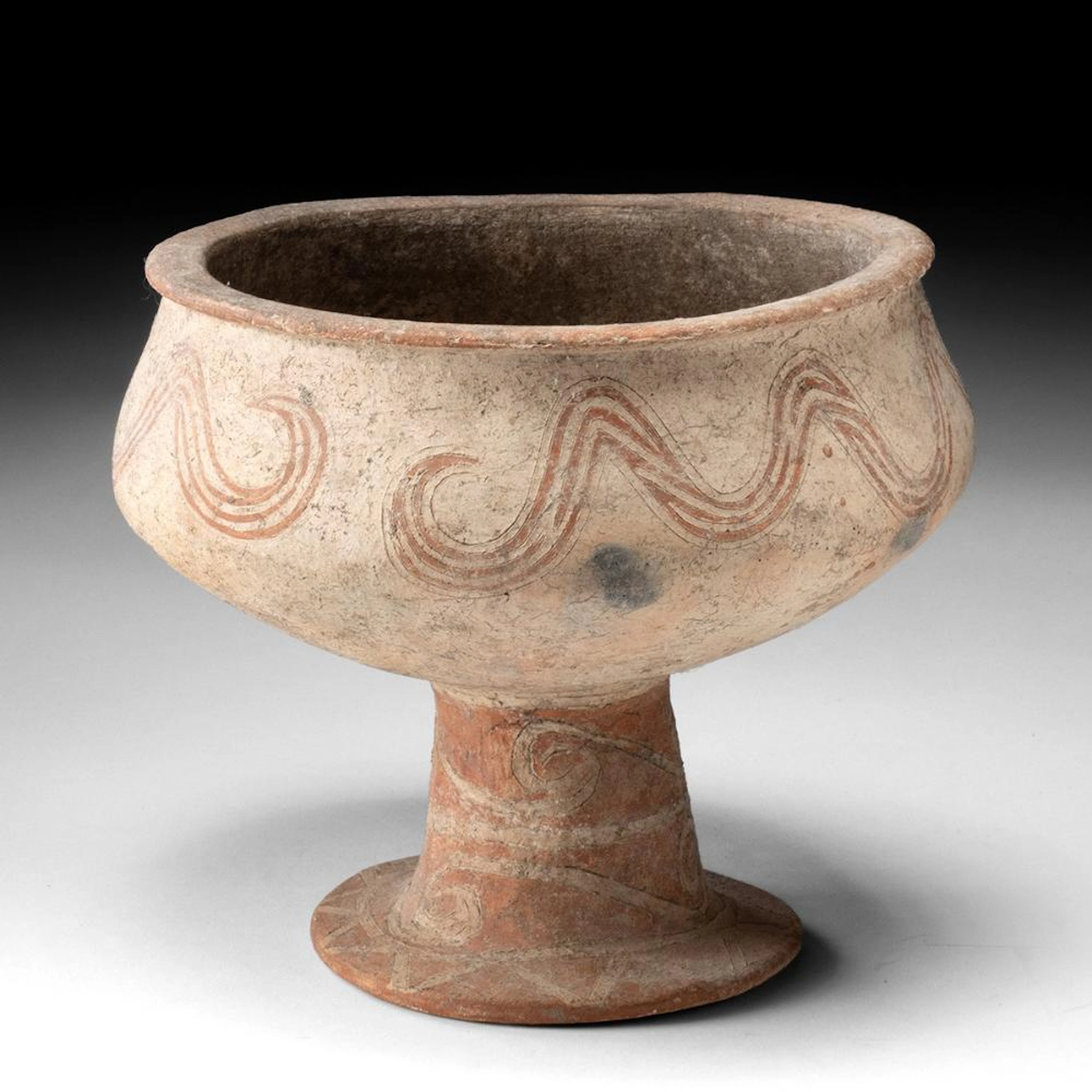Thai Ban Chiang Red-on-Buff Pedestal Bowl | Wave and Spiral Motifs