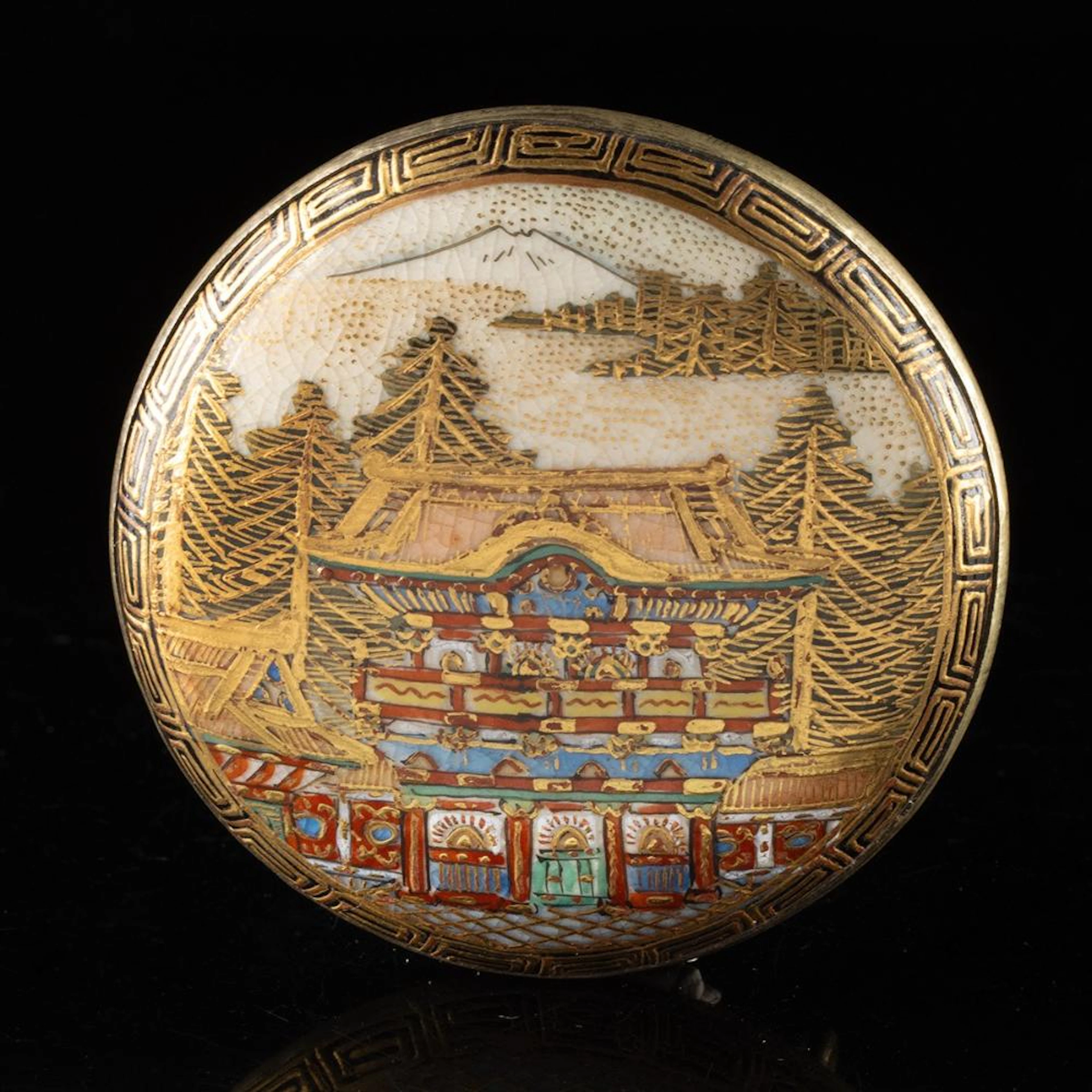 Japanese Meiji Enamel Buckle | Nikko Shrine Gate, Mount Fuji, Gilt Brass