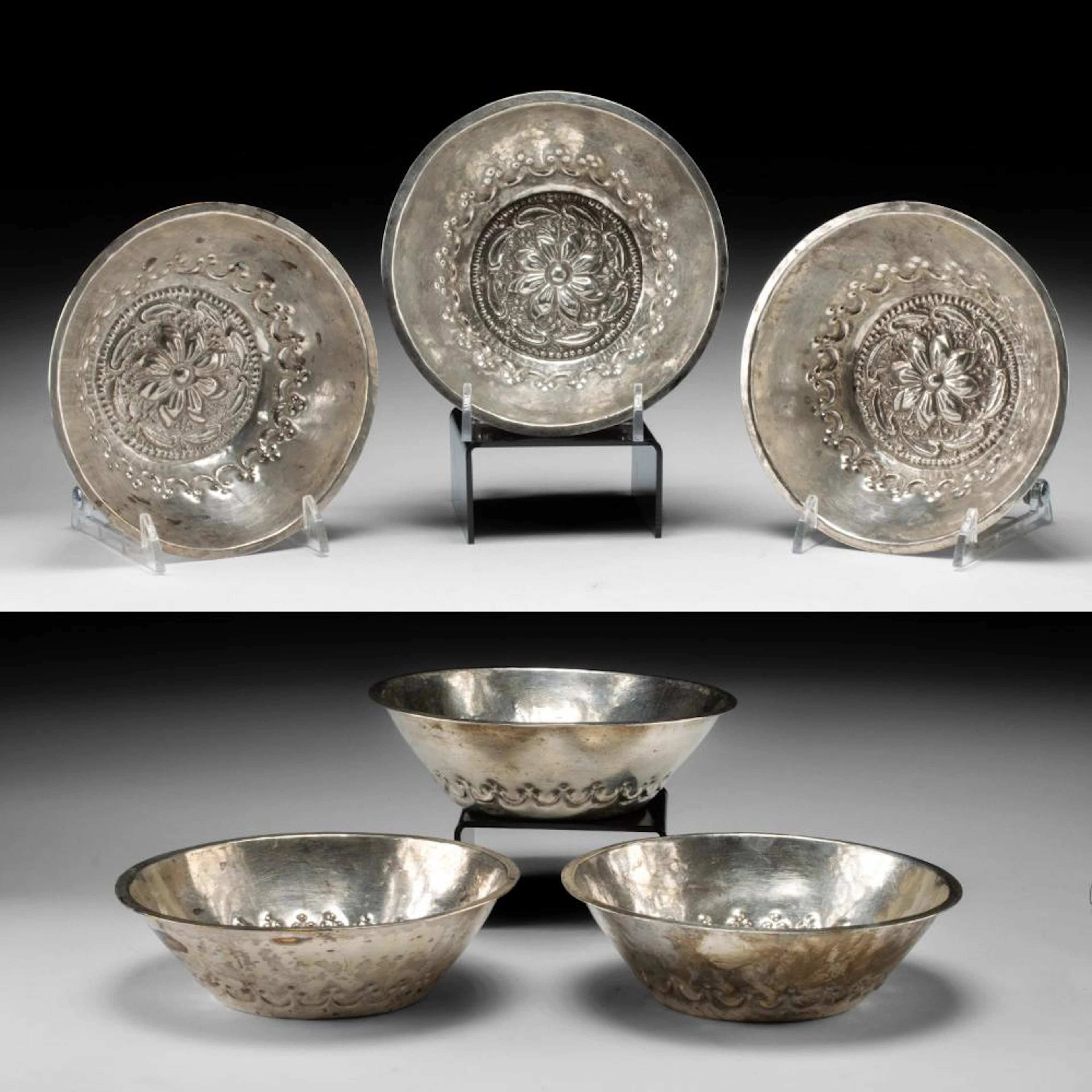 Three Spanish Colonial 19th C. Peruvian Silver Bowls with Floral Rosettes