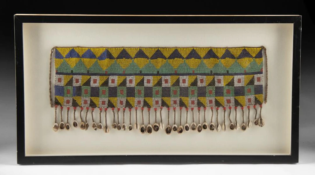 Framed African Kirdi Beaded Modesty Apron Cowrie Fringe