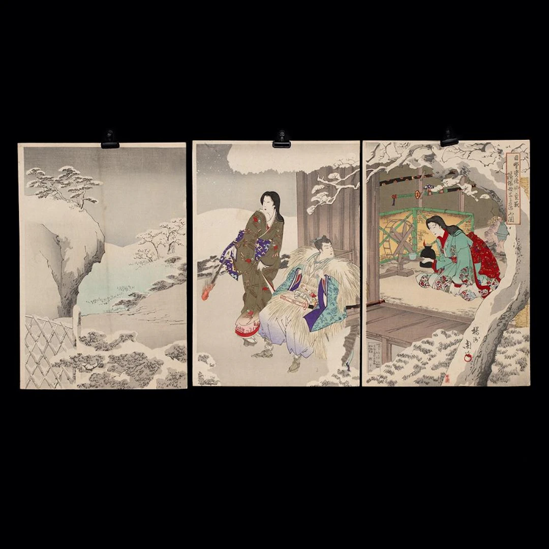 19th C. Chikanobu Woodblock Triptych - Hino Suketoshi Visits Shinozuka