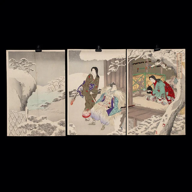 19th C. Chikanobu Woodblock Triptych - Hino Suketoshi Visits Shinozuka