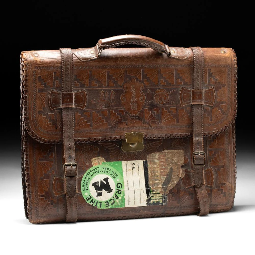 1930's Peruvian Leather Briefcase with Tooled Motifs & Cruise Liner