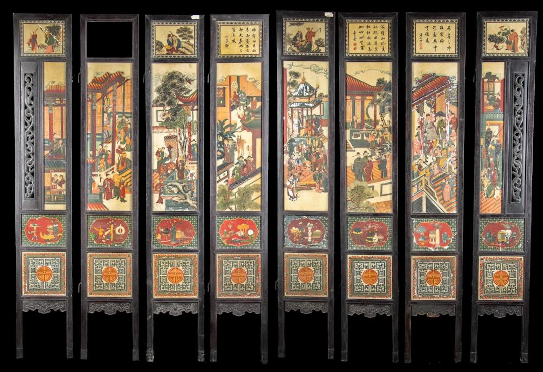 8 Panel Chinese Qing Era Wood & Painted Marble Screens