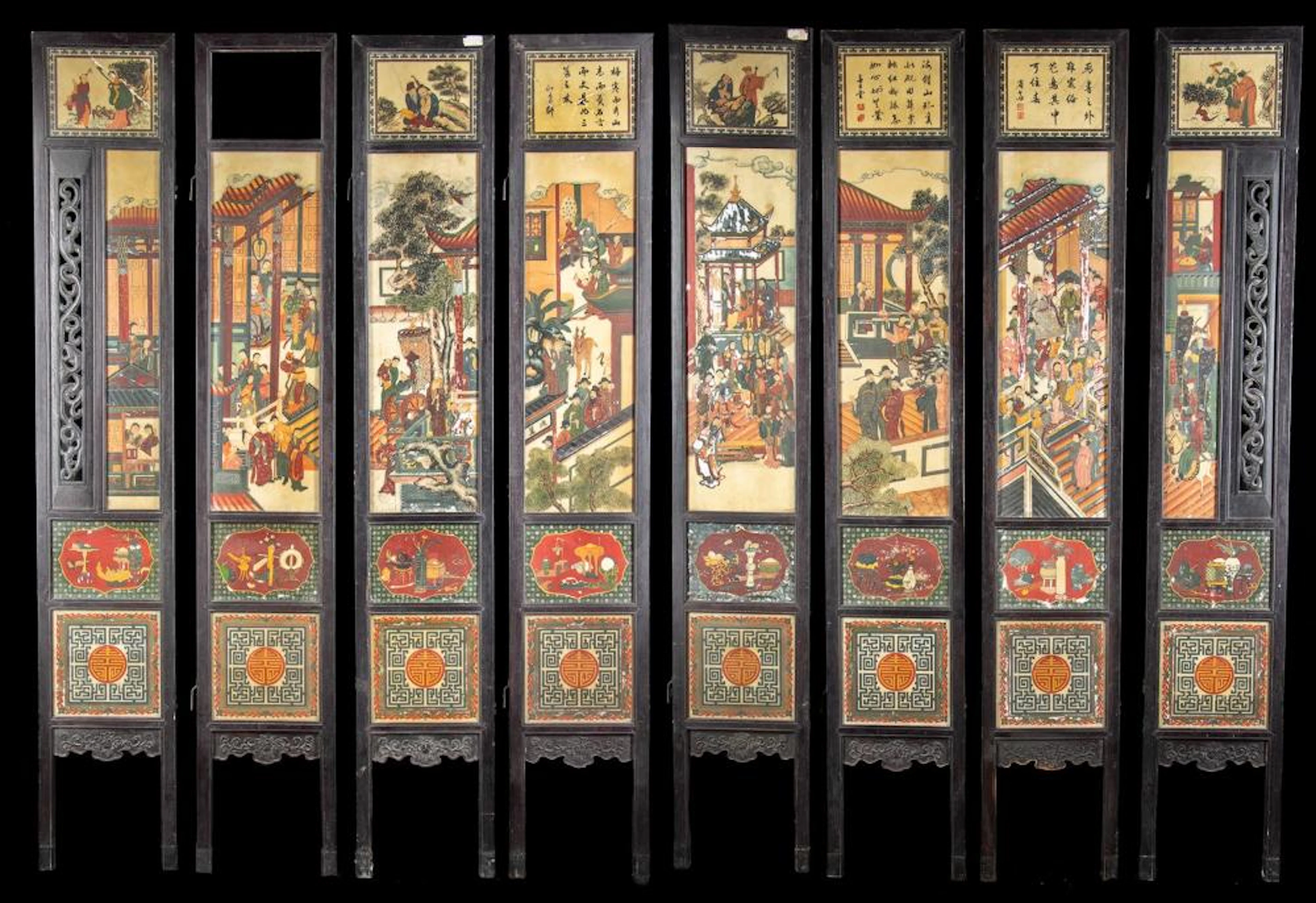 8 Panel Chinese Qing Era Wood & Painted Marble Screens
