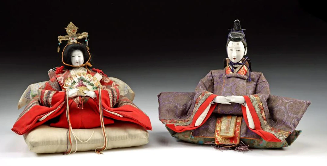 Japanese Meiji Era Silk Hina Dolls, Emperor & Empress
