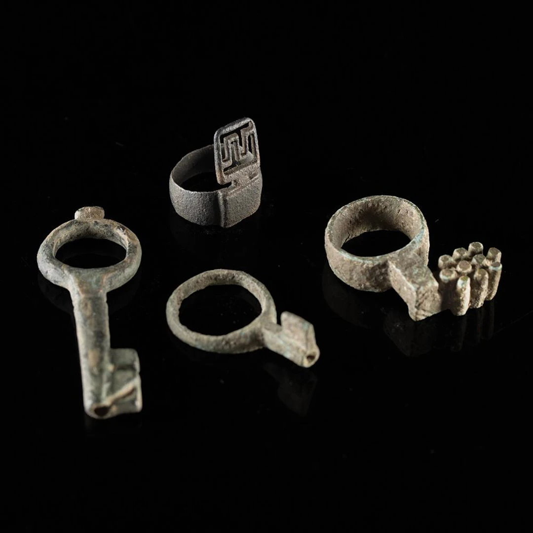 Four Roman Key Rings and Lock Keys