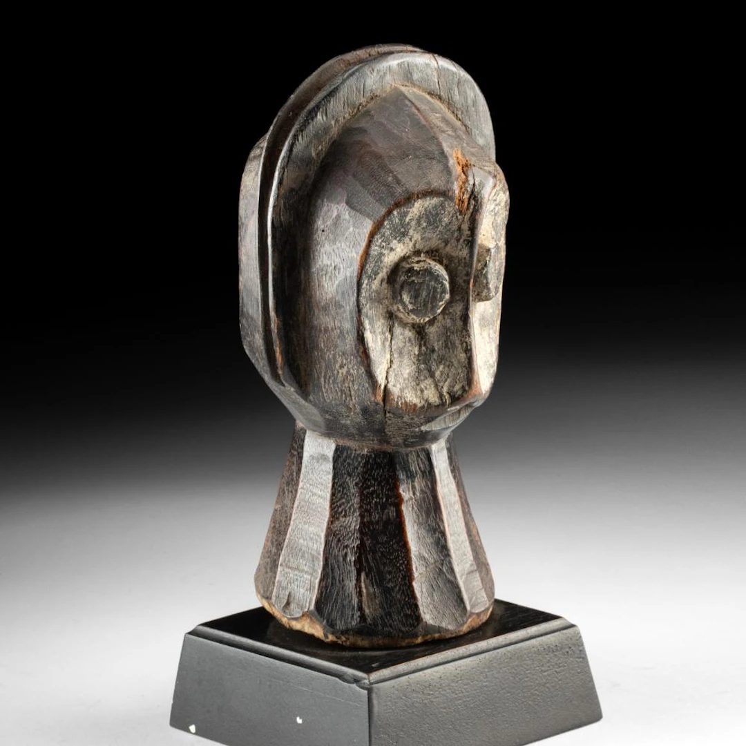 Bembe Alunga Janiform Carved Wood Head, Two Faces with Kaolin Eyes, DR Congo