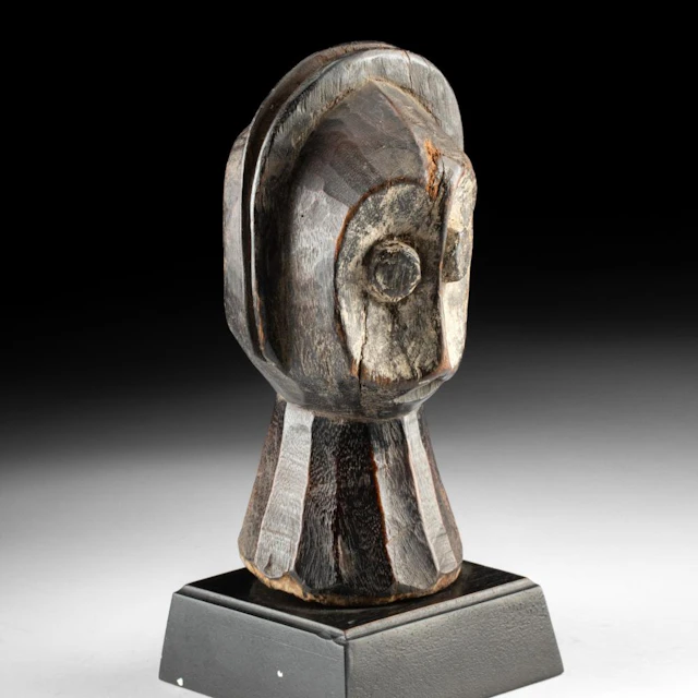 Bembe Alunga Janiform Carved Wood Head, Two Faces with Kaolin Eyes, DR Congo